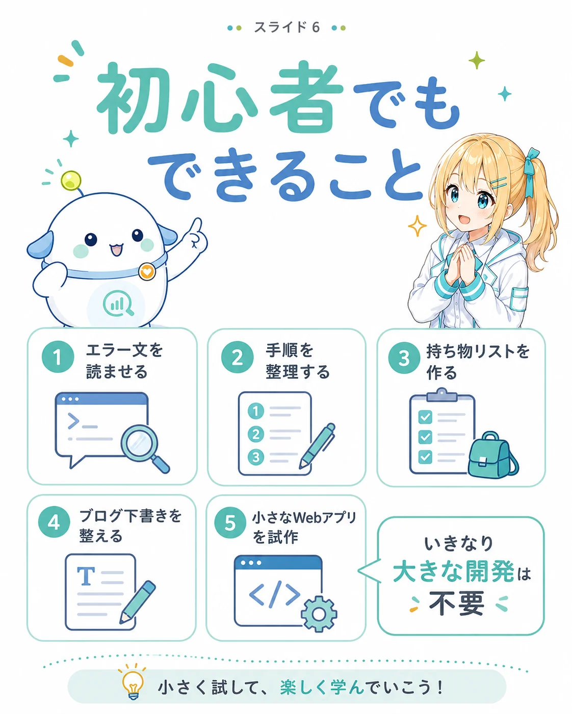 エージェント型AI ツールの選び方を用途別に整理した図解。ChatGPT中心はCodex、既存コードを直したいならClaude Code、Google環境はAntigravity、エディタ中心はCursor、GitHub中心はGitHub Copilotと整理したスライド