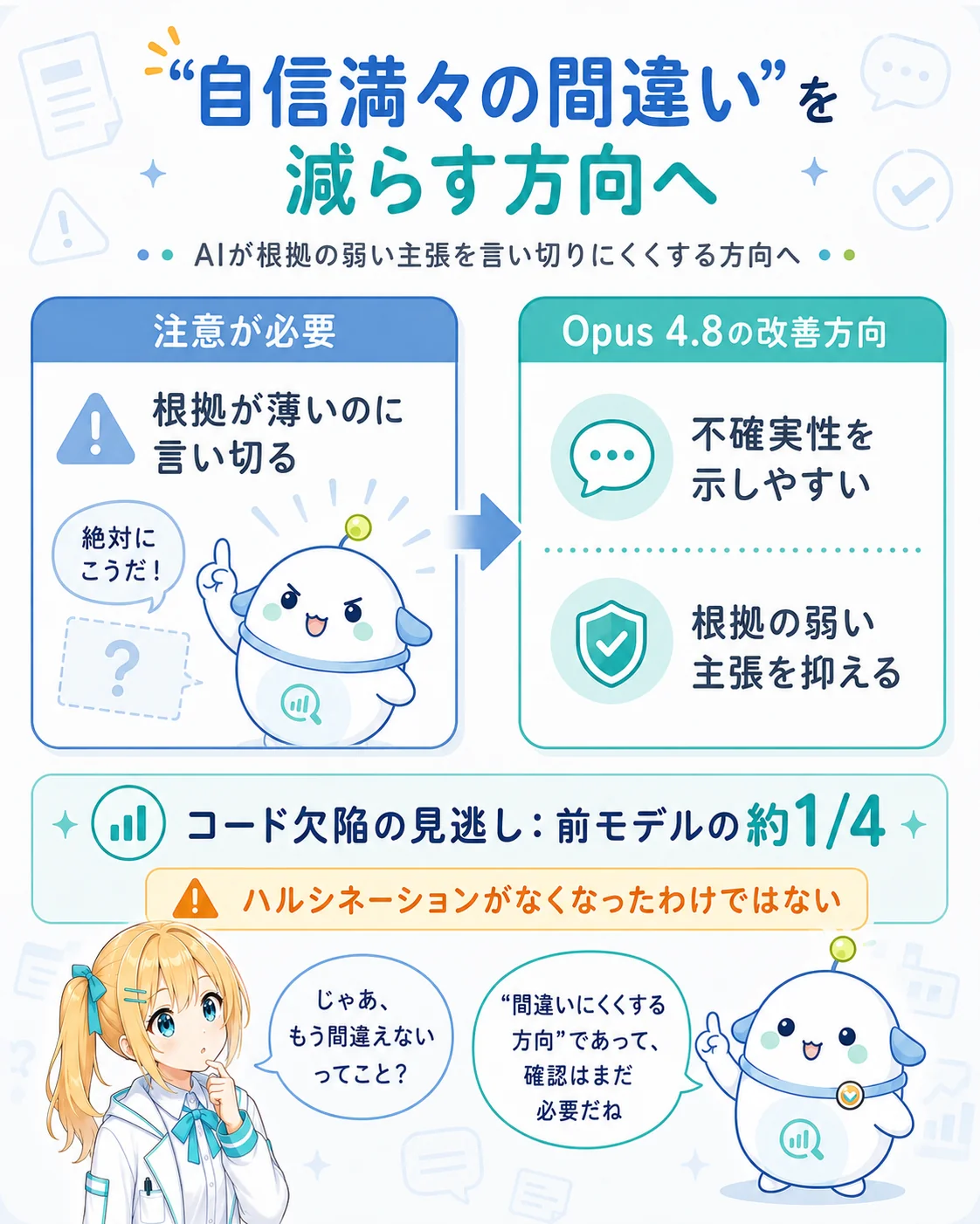 “自信満々の間違い”を減らす方向を整理した図解。左=根拠が薄いのに言い切る、右=不確実性を示しやすい・根拠の弱い主張を抑える、を対比し、『コード欠陥の見逃し：前モデルの約1/4』を強調しつつ『ハルシネーションがなくなったわけではない』と注記して、ひまり・らぼまるが示すスライド