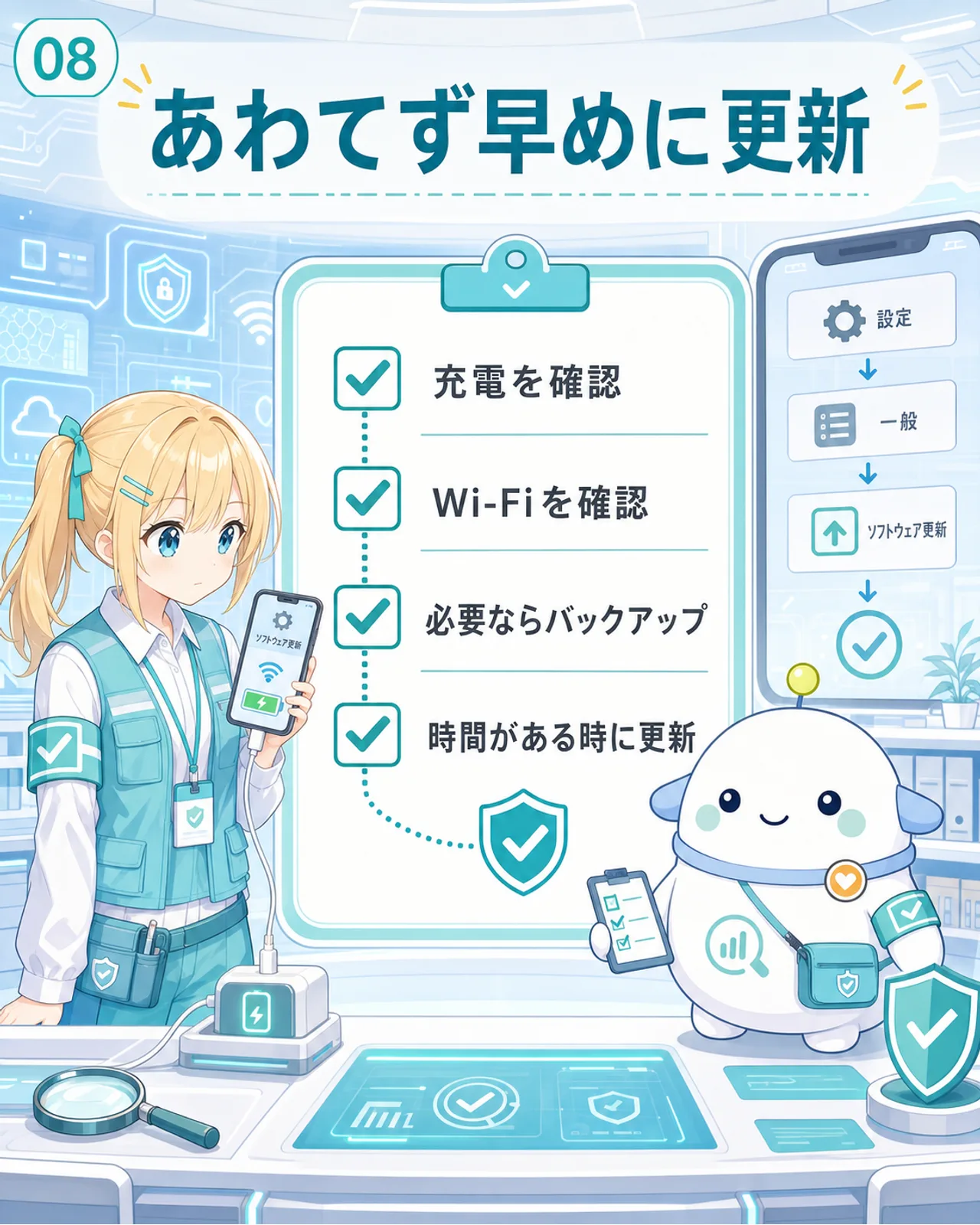 あわてず早めに更新するための図解。充電を確認、Wi-Fiを確認、必要ならバックアップ、時間がある時に更新。ひまりがスマホを充電しながら確認し、らぼまるが項目にチェックを入れる