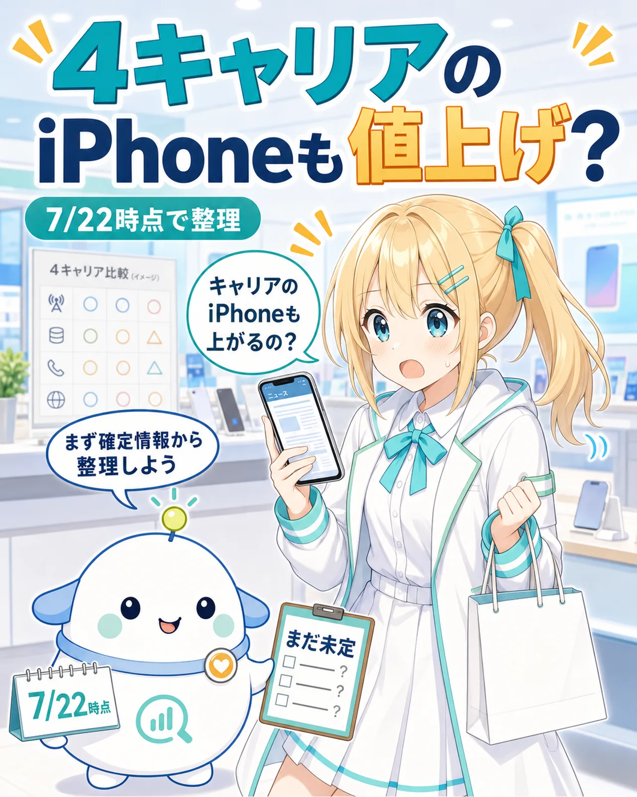 4キャリアのiPhoneも値上げ？ 7月22日時点で整理するというテーマを示した図解。ひまりがスマホのニュースを見て疑問を持ち、らぼまるが確定情報から整理しようと案内するスライド