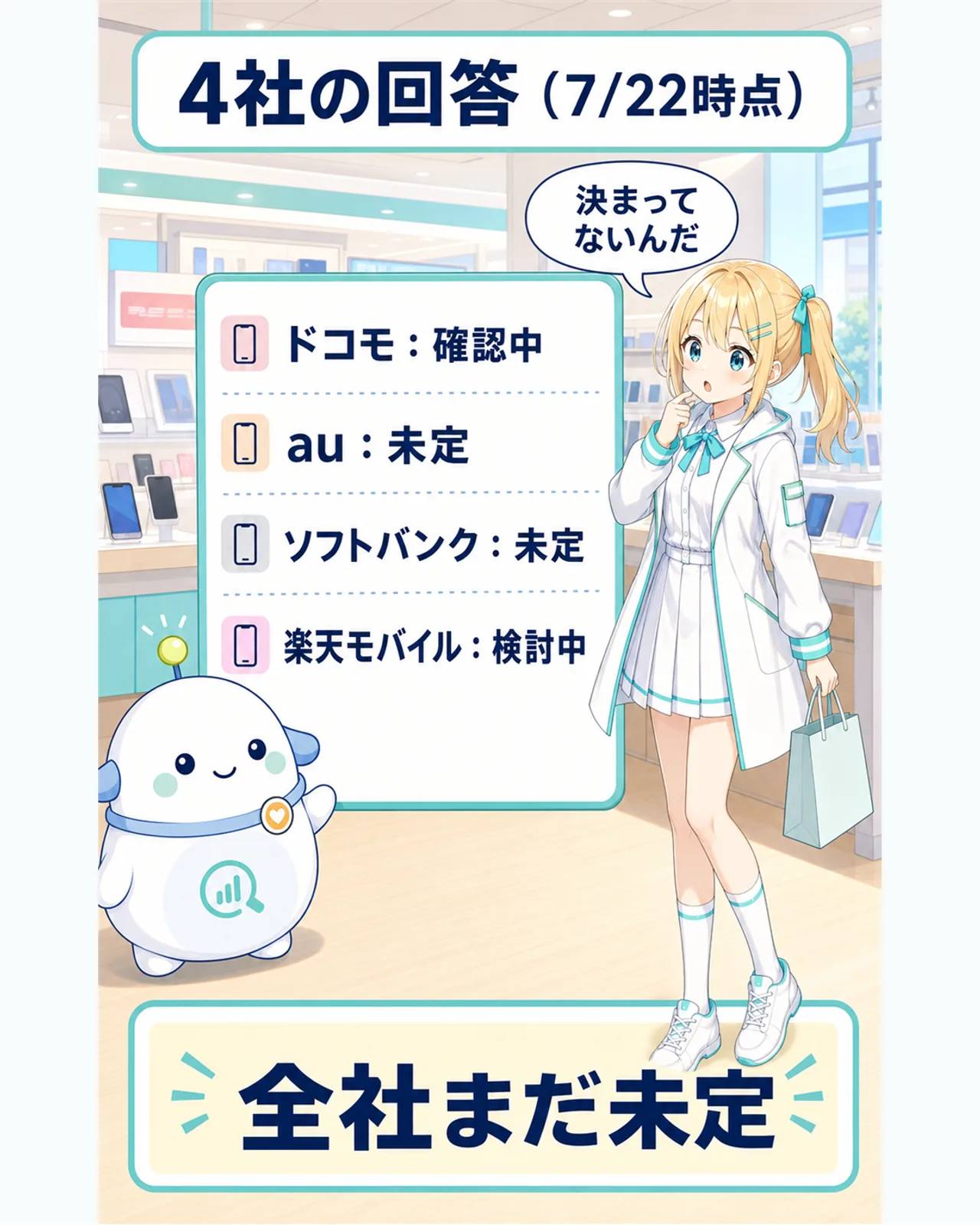 4社の回答（7月22日時点）を一覧にした図解。ドコモは確認中、auは未定、ソフトバンクは未定、楽天モバイルは検討中で、全社まだ未定だとらぼまるがボードで示すスライド