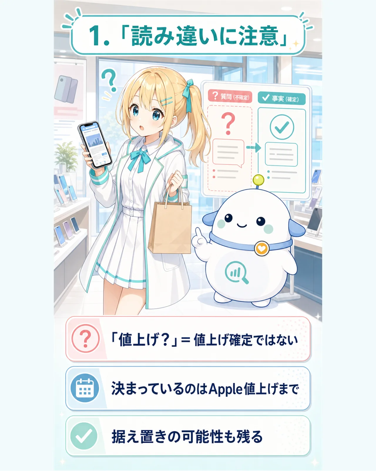 読み違いに注意という図解。『値上げ？』は値上げ確定ではなく、決まっているのはApple値上げまで、据え置きの可能性も残ると整理し、ひまりが注意を促すスライド