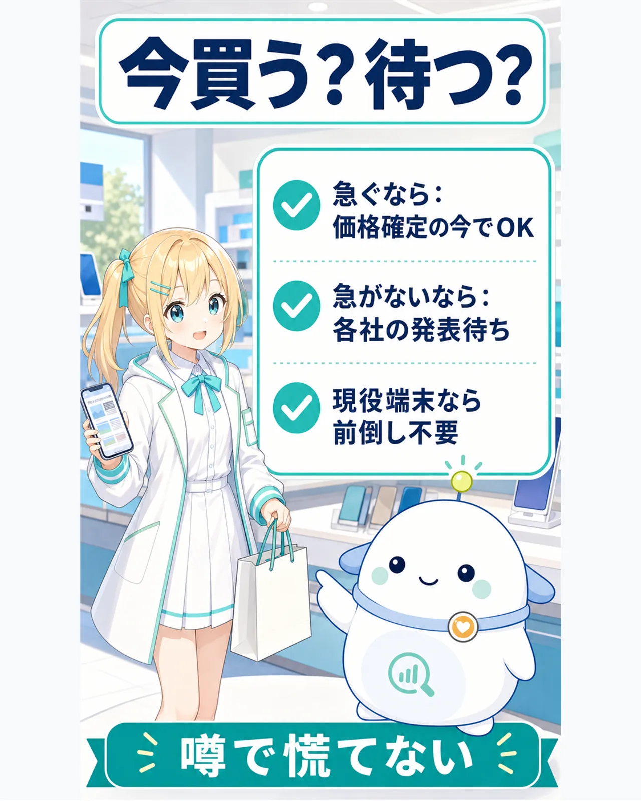 今買う？待つ？の判断ガイドを示した図解。急ぐなら価格確定の今でOK、急がないなら各社の発表待ち、現役端末なら前倒し不要、噂で慌てないと、ひまりとらぼまるがチェックリストで案内するスライド