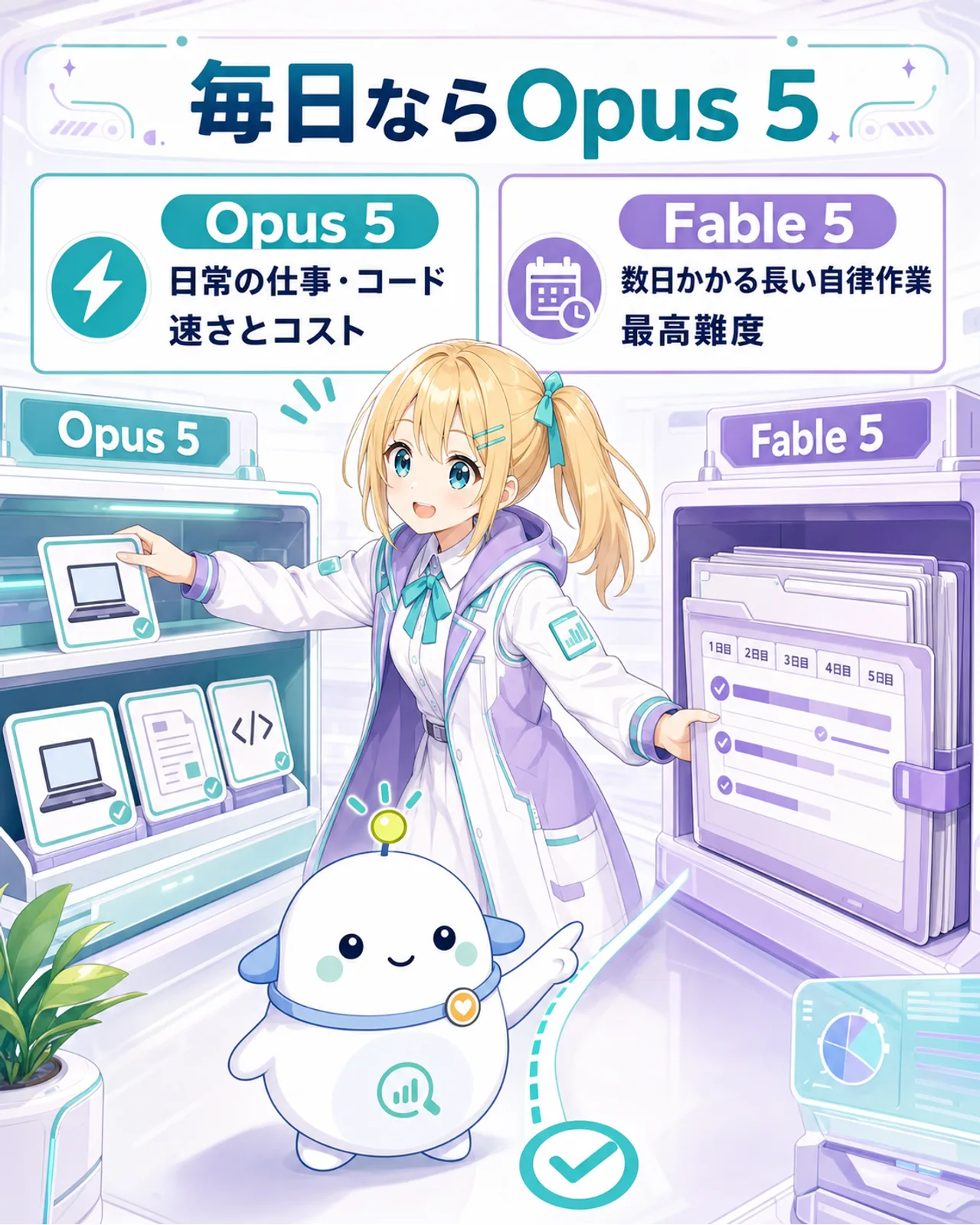 『毎日ならOpus 5』の使い分け図。Opus 5は日常の仕事とコード、Fable 5は数日かかる長い自律作業。ひまりが作業を2つの棚へ仕分ける