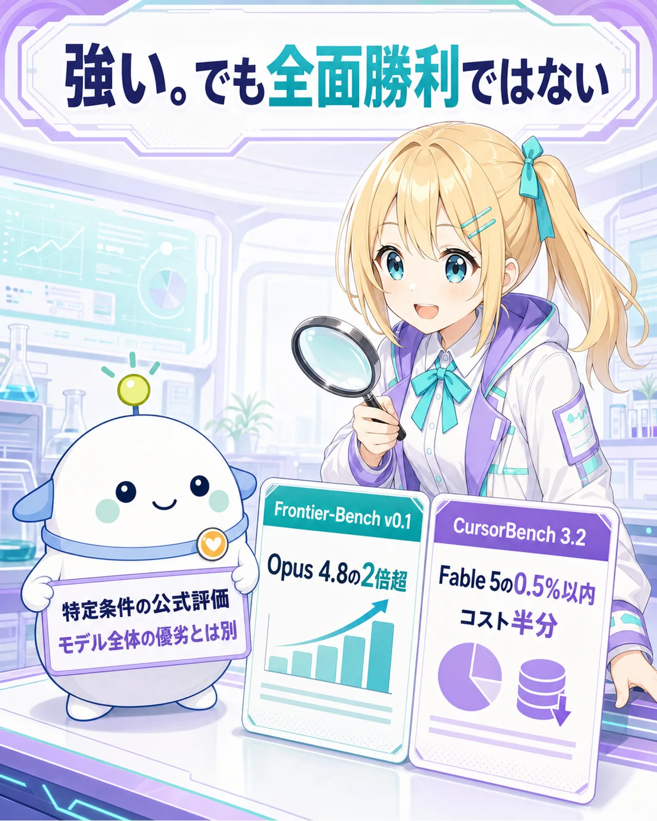 『強い。でも全面勝利ではない』の図解。Frontier-Bench v0.1はOpus 4.8の2倍超、CursorBench 3.2はFable 5の0.5%以内でコスト半分。特定条件の公式評価と注記