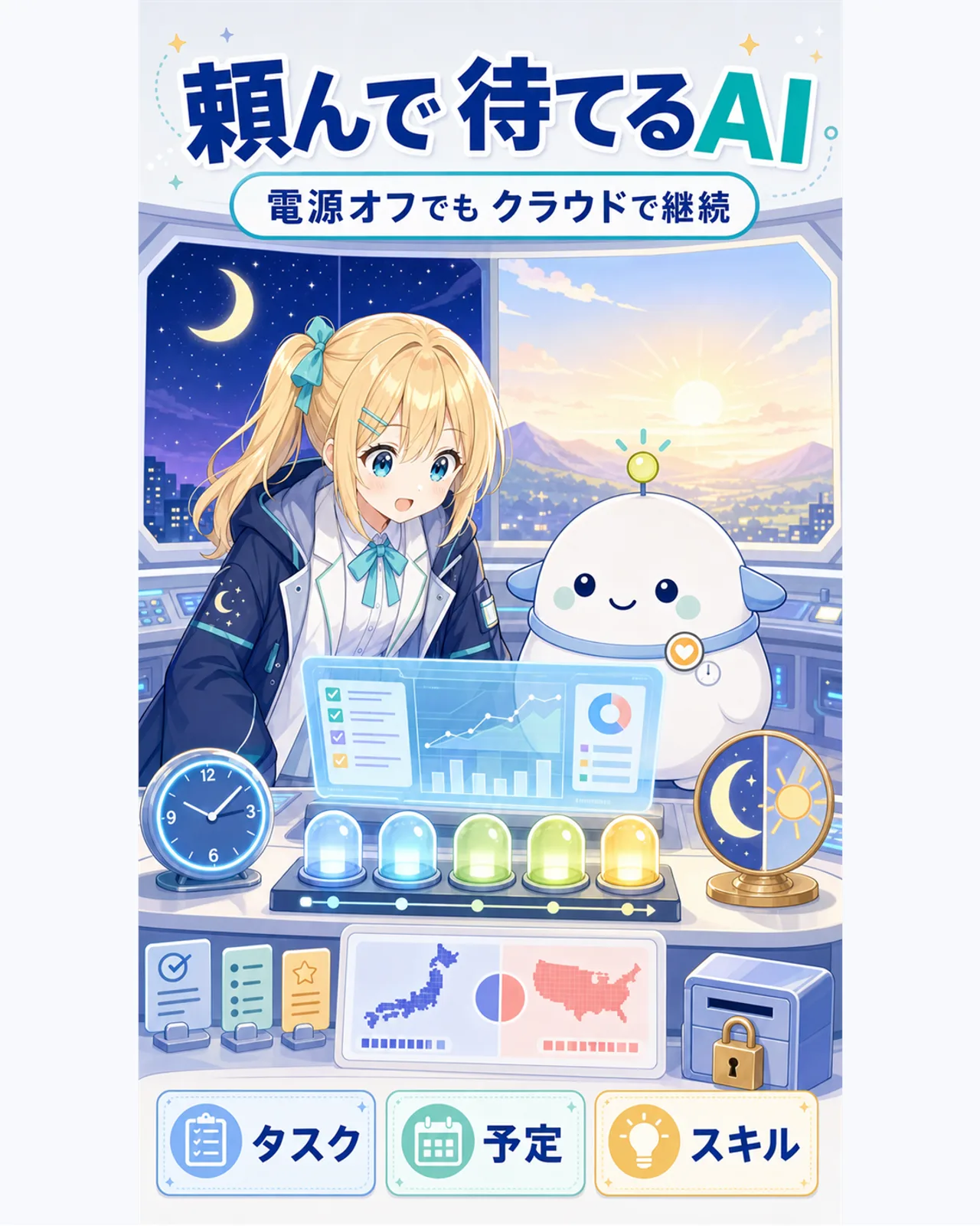 Gemini Sparkが端末の電源が切れていてもクラウドで作業を続けることを示す図解