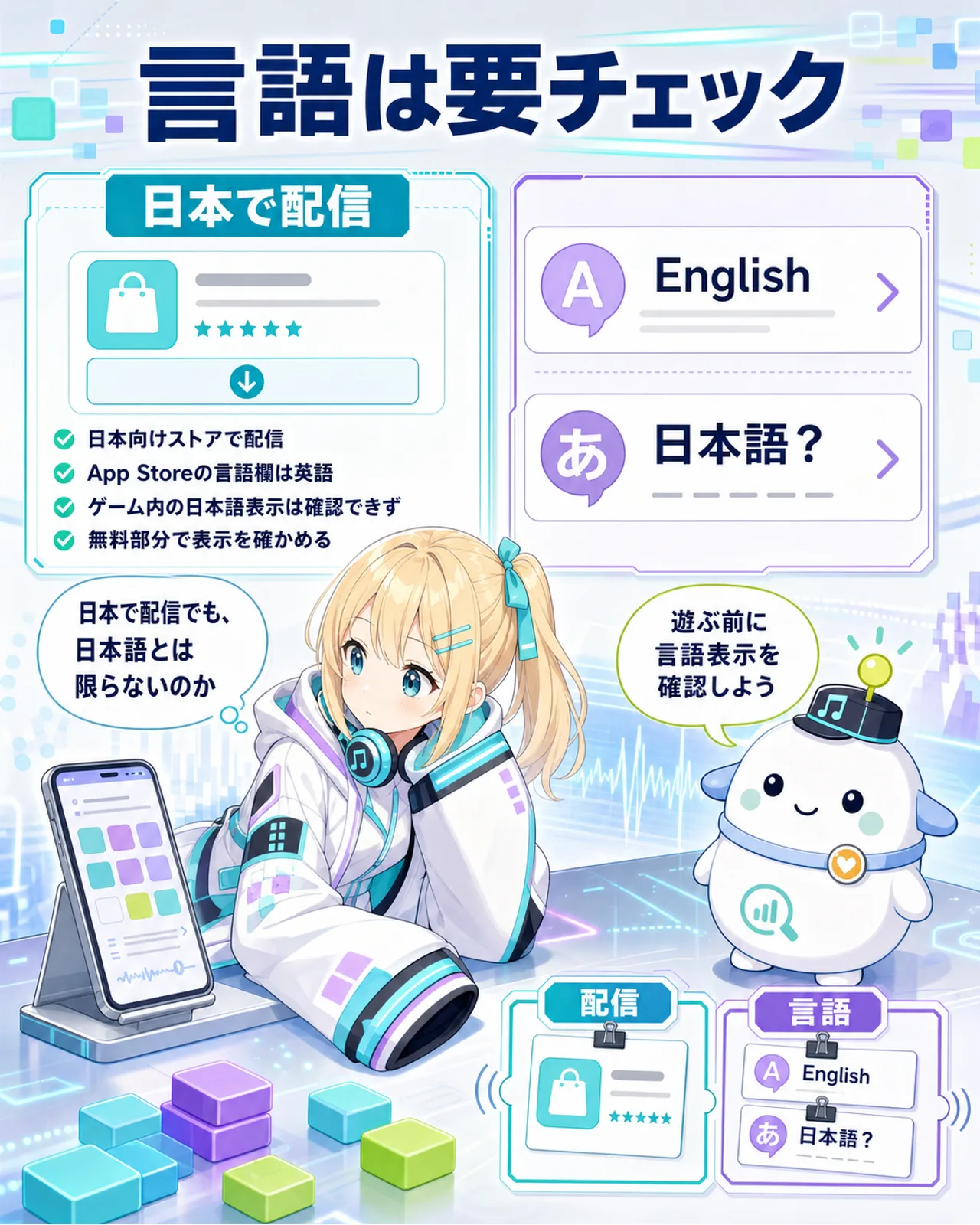 「言語は要チェック」の図解。日本向けストアで配信、App Storeの言語欄は英語、ゲーム内の日本語表示は確認できず、無料部分で表示を確かめる、という4点を示す。ひまりがスマホのメニュー画面と言語カードを見比べ、らぼまるが『配信』と『言語』を仕分ける構図