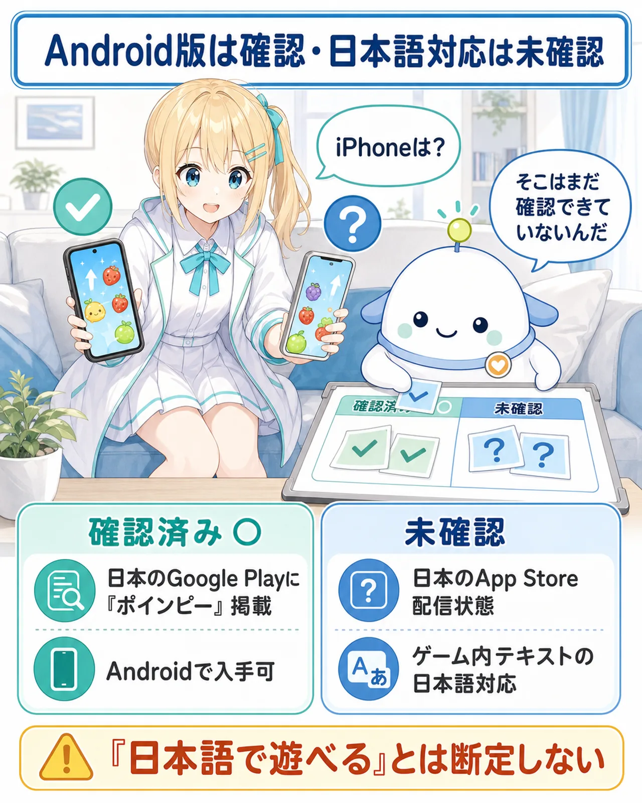「Android版は確認・日本語対応は未確認」の図解。確認済みは日本のGoogle Playに『ポインピー』掲載・Androidで入手可、未確認は日本のApp Store配信状態・ゲーム内テキストの日本語対応。下部に『日本語で遊べる』とは断定しないと明記。ひまりが『iPhoneは?』と尋ね、らぼまるが『そこはまだ確認できていないんだ』と答える構図