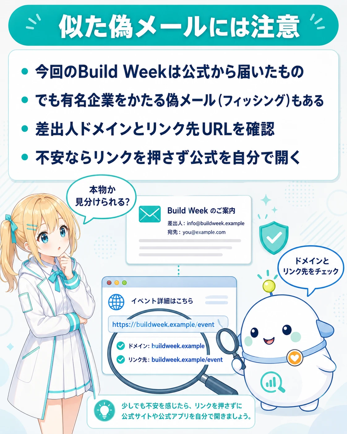「似た偽メールには注意」の図解。今回のBuild Weekは公式から届いたもの、でも有名企業をかたる偽メール（フィッシング）もある、差出人ドメインとリンク先URLを確認、不安ならリンクを押さず公式サイトを自分で開く、の4点。ひまりが「本物か見分けられる?」と気にし、らぼまるが「ドメインとリンク先をチェック」と教える構図