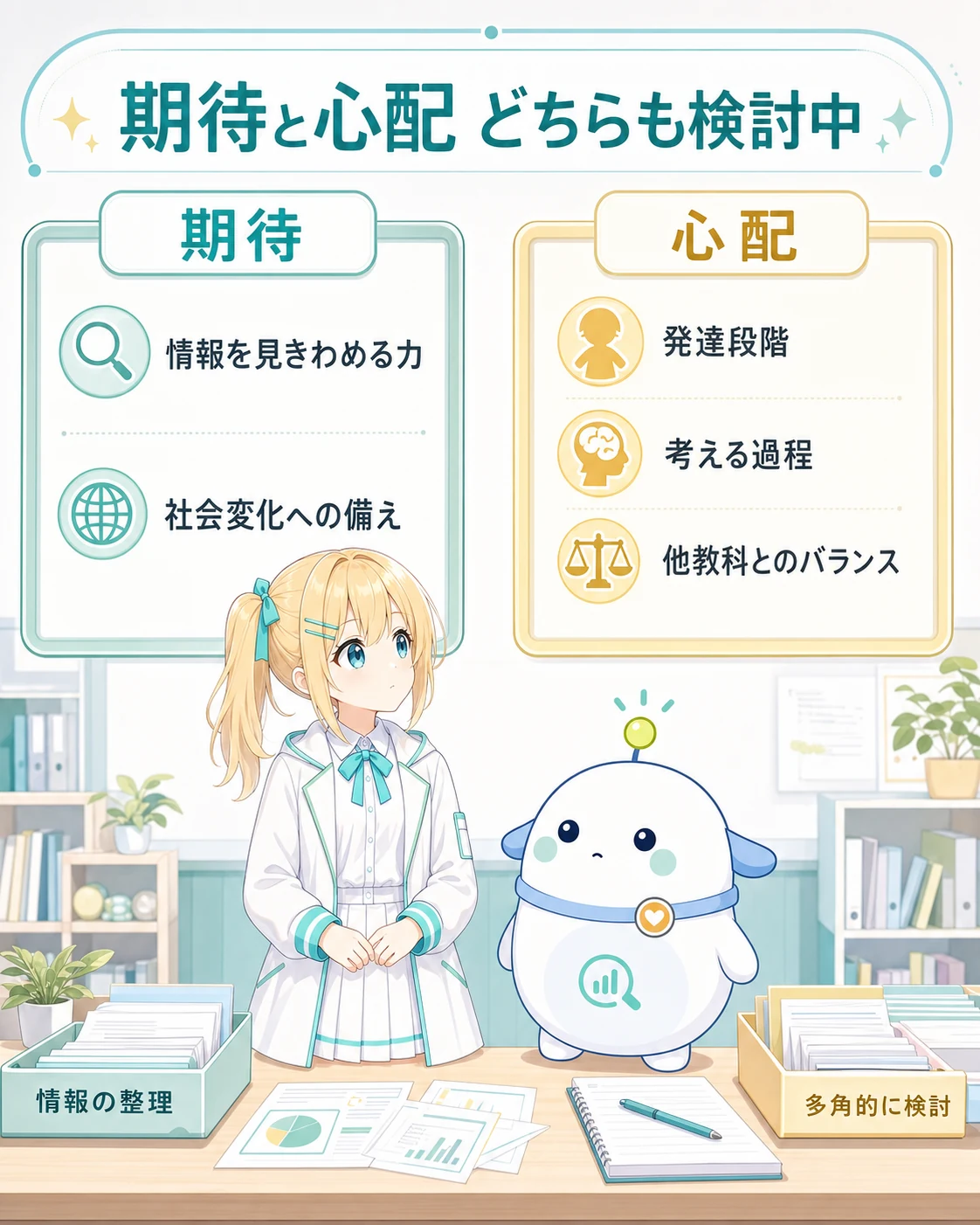 期待は情報を見きわめる力と社会変化への備え、心配は発達段階、考える過程、他教科とのバランスという両論併記