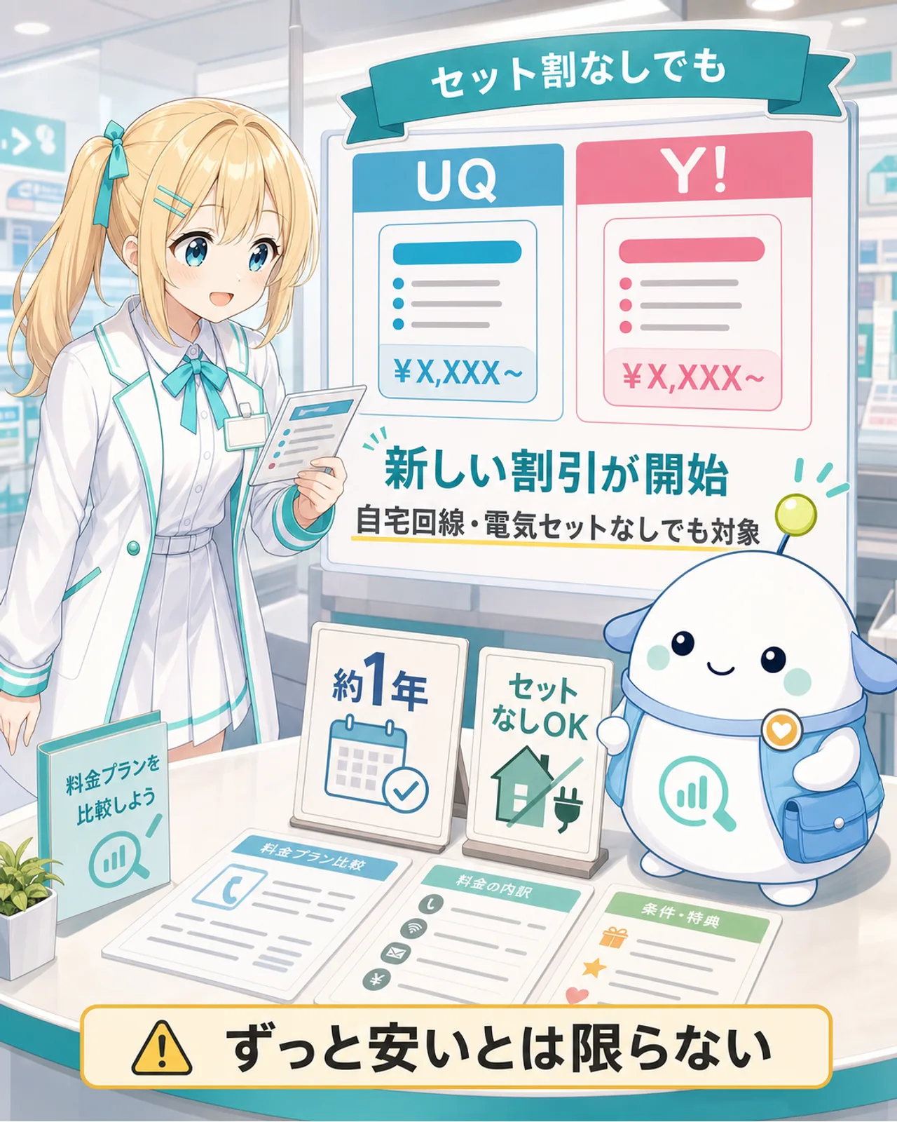 「セット割なしでも」の図解。中央にUQとY!の比較ボードを置き、自宅回線や電気のセットなしでも対象、どちらも約1年の期間限定、ずっと安いとは限らない、を整理。ひまりが左右の料金カードを見比べ、らぼまるが『約1年』『セットなしOK』の札を示す構図