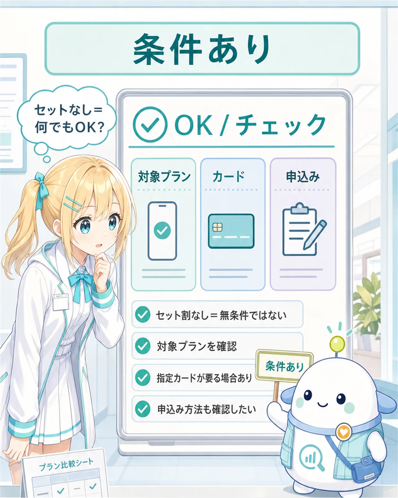 「条件あり」の図解。OK/チェックの仕分けボードに、対象プラン・カード・申込みの3枠を置き、セット割なし＝無条件ではない、対象プランを確認、指定カードが要る場合あり、申込み方法も確認したい、を整理。ひまりが『セットなし＝何でもOK?』と考え、らぼまるが『条件あり』と案内する構図