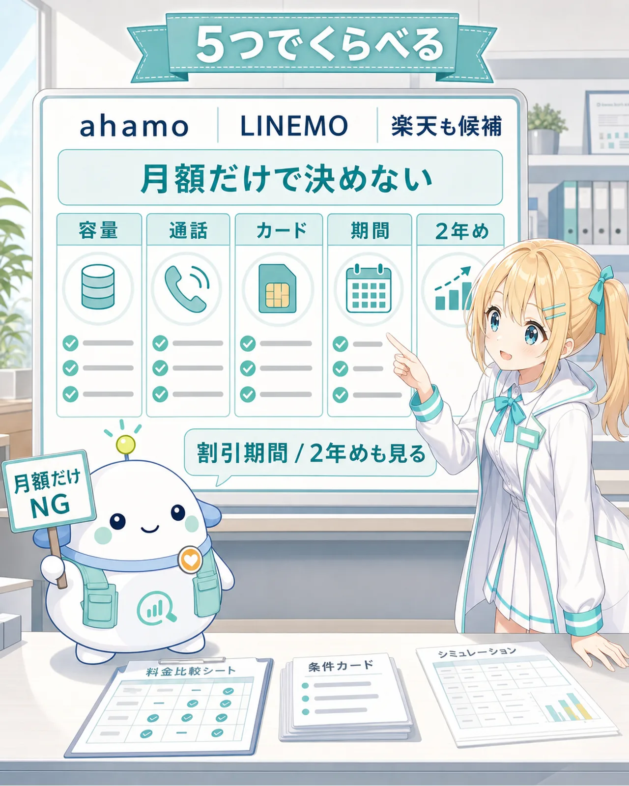 「5つでくらべる」の図解。ahamo・LINEMO・楽天も候補として文字ラベルで並べ、月額だけで決めない、容量・通話・カード条件・割引期間・2年めの5軸で比べる、を整理。ひまりが横並びを見比べ、らぼまるが『月額だけNG』の札を示す構図