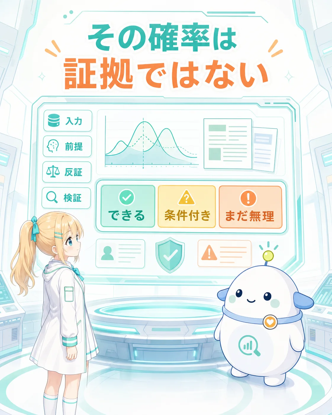 AIの確率は証拠ではなく、入力データ、前提、反証、検証方法を人が確認する必要があるという図解