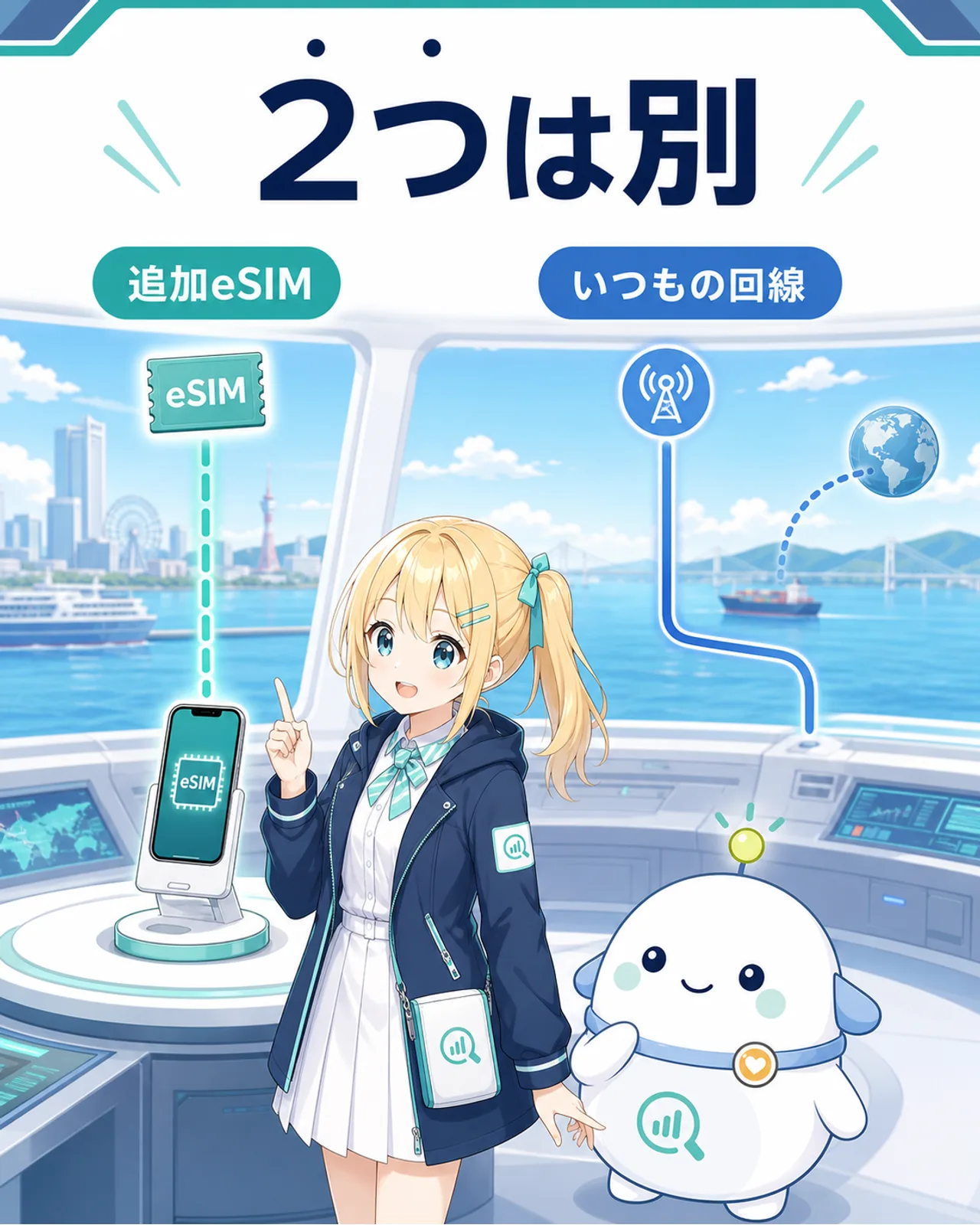 『2つは別』『追加eSIM』『いつもの回線』として2つの海外通信方法を分けた図解