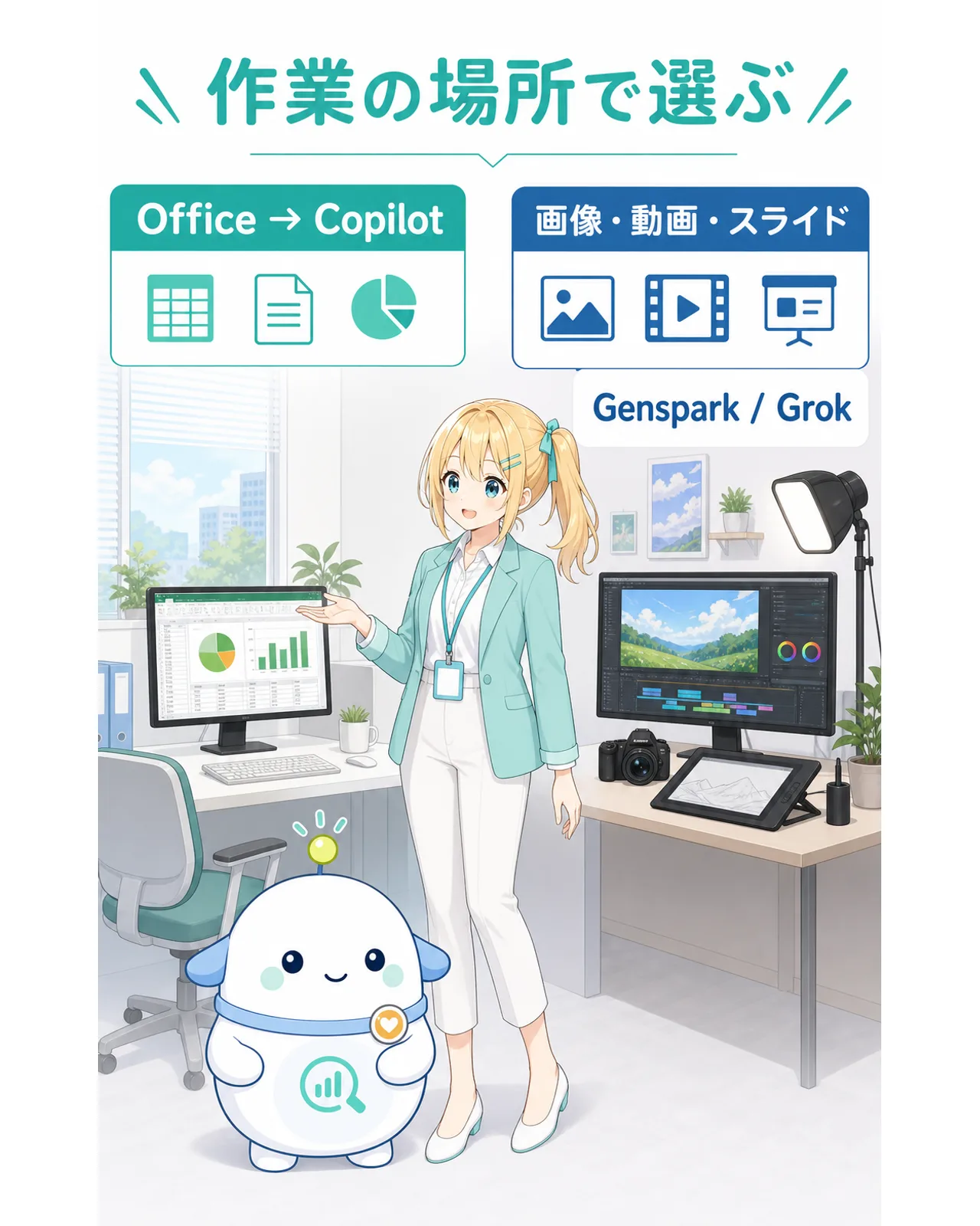 Office作業はCopilot、画像・動画・スライド制作はGensparkやGrokを候補にする図解