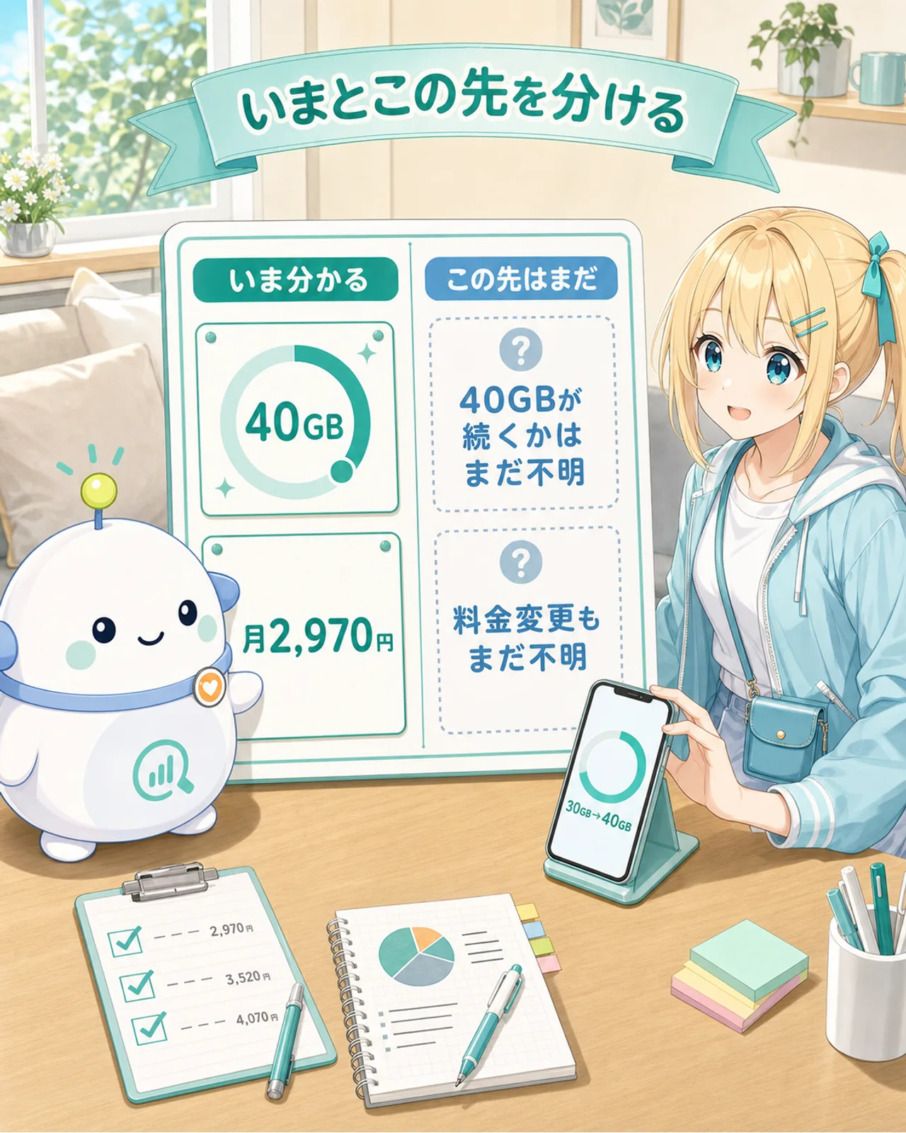 「いまとこの先を分ける」の図解。いま分かるのは40GBと月2,970円。この先はまだ、として40GBが続くかはまだ不明・料金変更もまだ不明、を左右で整理。らぼまるが2列のボードにカードを仕分けし、ひまりがスマホと見比べて納得する構図