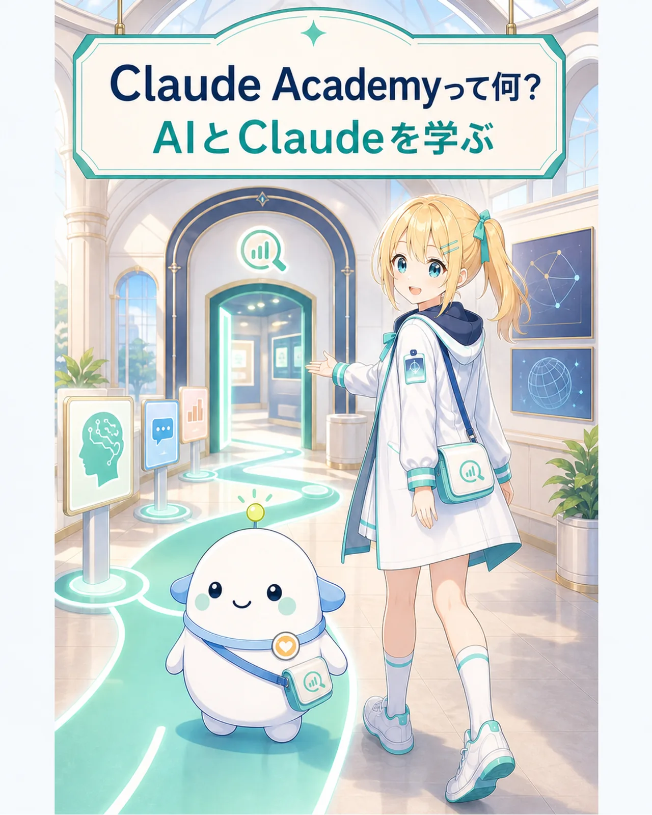 Claude AcademyがAIの基本、日常利用、仕事、開発の学習入口をまとめた公式サービスであることを示す図