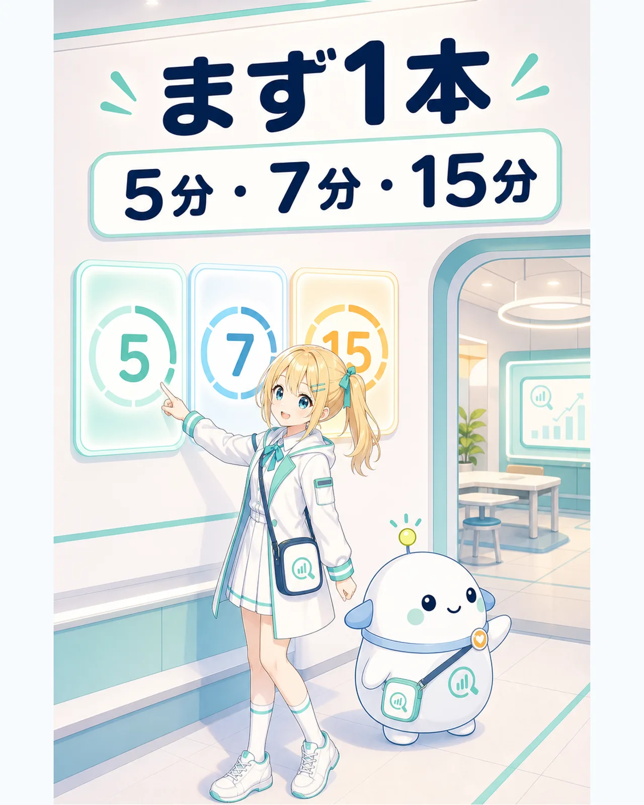5分、7分、15分の短い教材から一つ選び、実際の作業で試して確認する流れを示す図