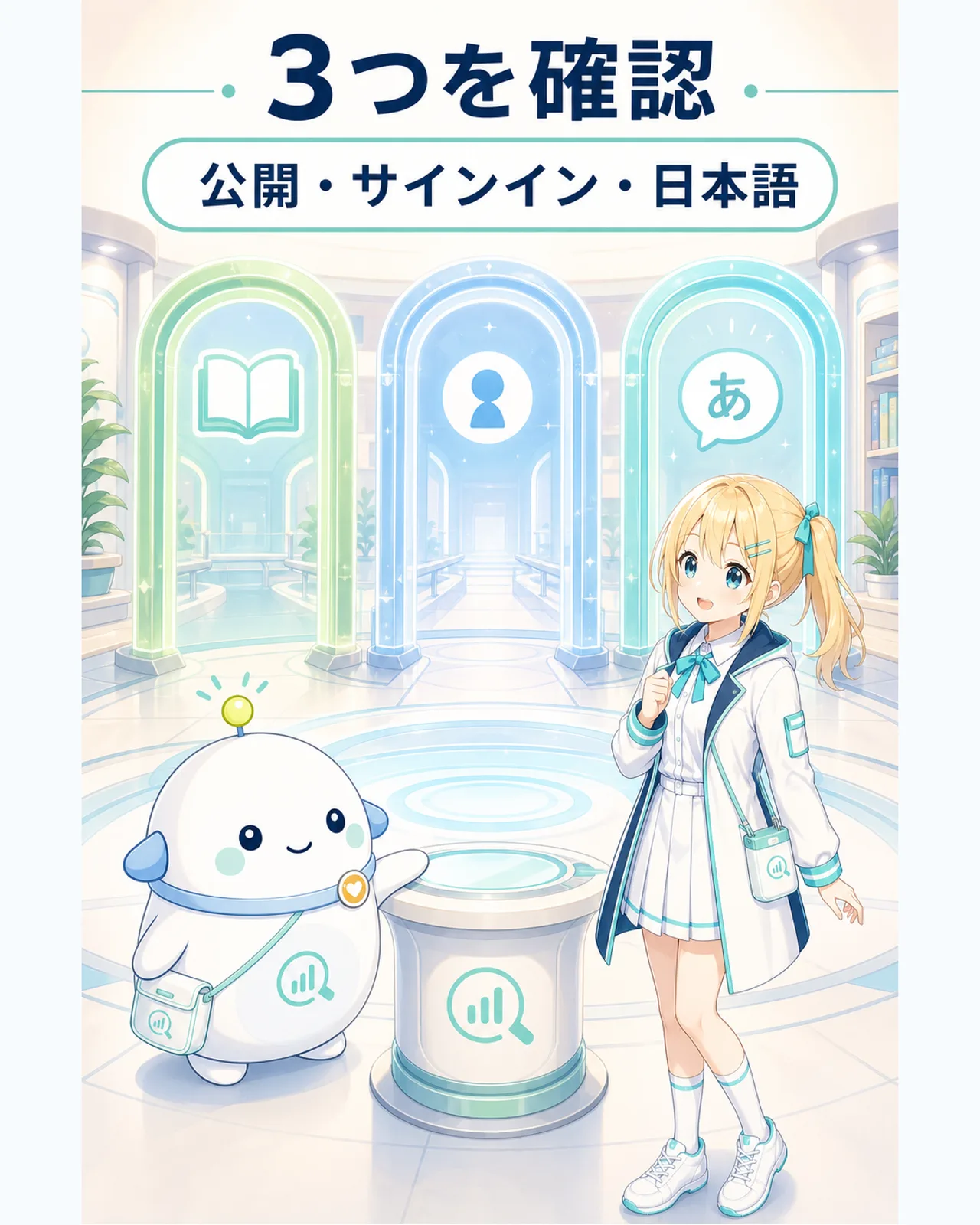 教材の公開閲覧、学習履歴を残すサインイン、日本語表示を別々に確認することを示す図