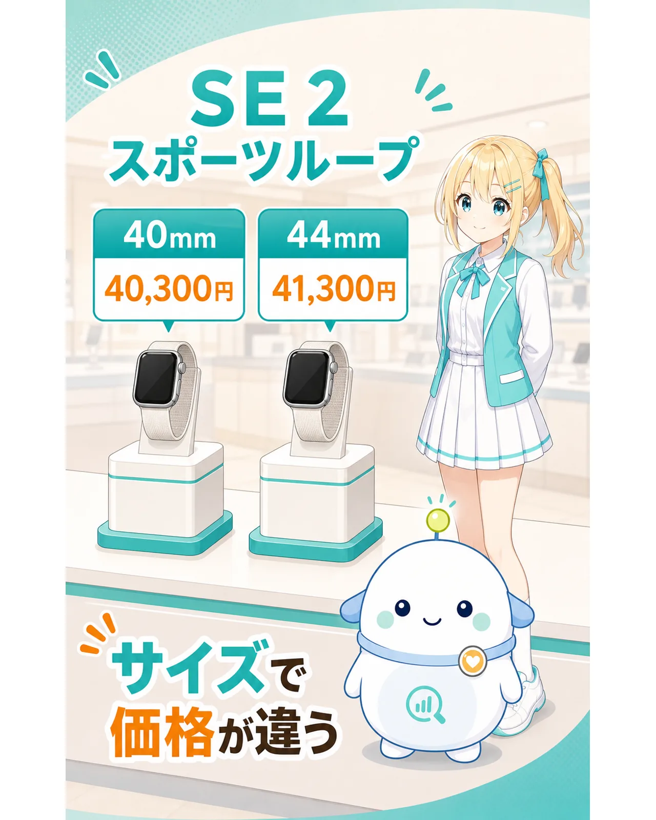 Apple Watch SE 2の40mmが40,300円、44mmが41,300円と示す図解