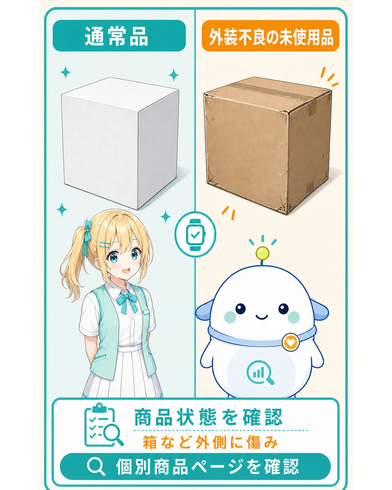 通常品と外装不良の未使用品を並べ、箱など外側の傷みと商品状態の確認を促す図解