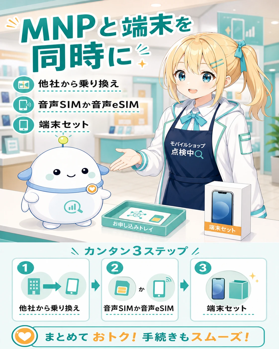 MNPと端末を同時に申し込む流れの図解。他社から乗り換え、音声SIMか音声eSIM、端末セットの3段