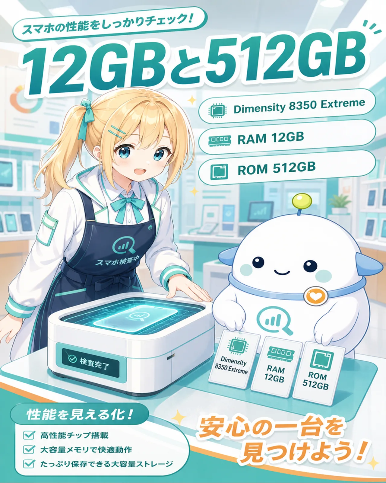 12GBと512GBの仕様図解。Dimensity 8350 Extreme、RAM 12GB、ROM 512GBを示す