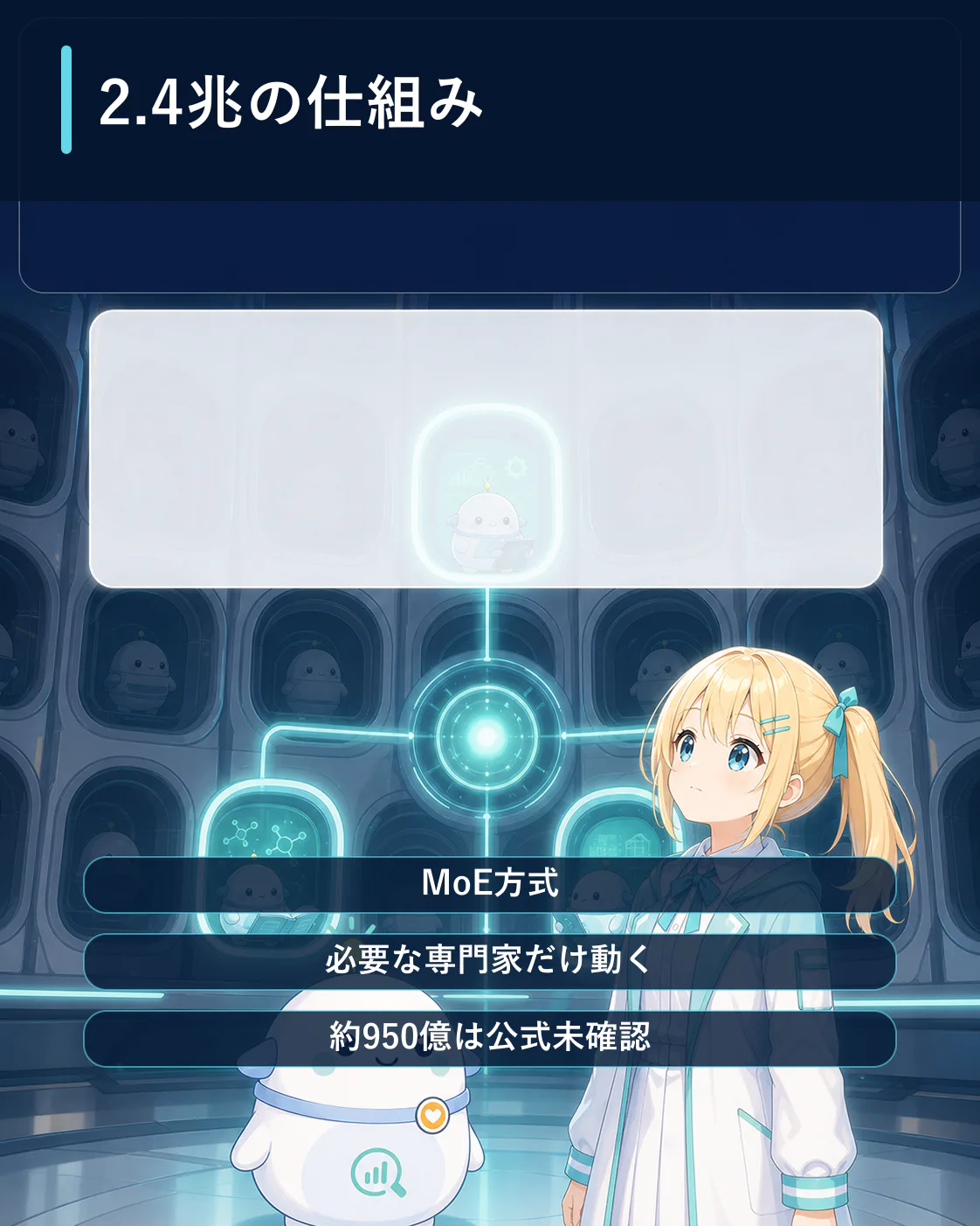 多数の専門家から必要な一部だけが働くMoE方式を会社のチームに例えた図解