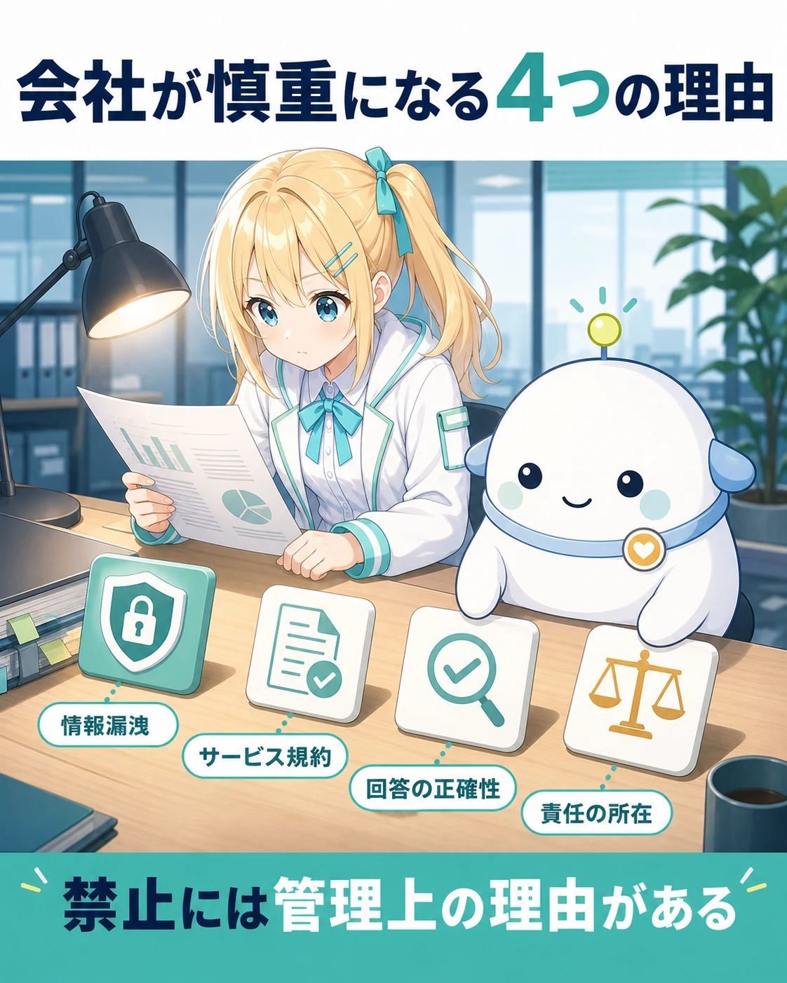 企業がAI導入で確認する情報漏洩、規約、正確性、責任の4項目を示す図解