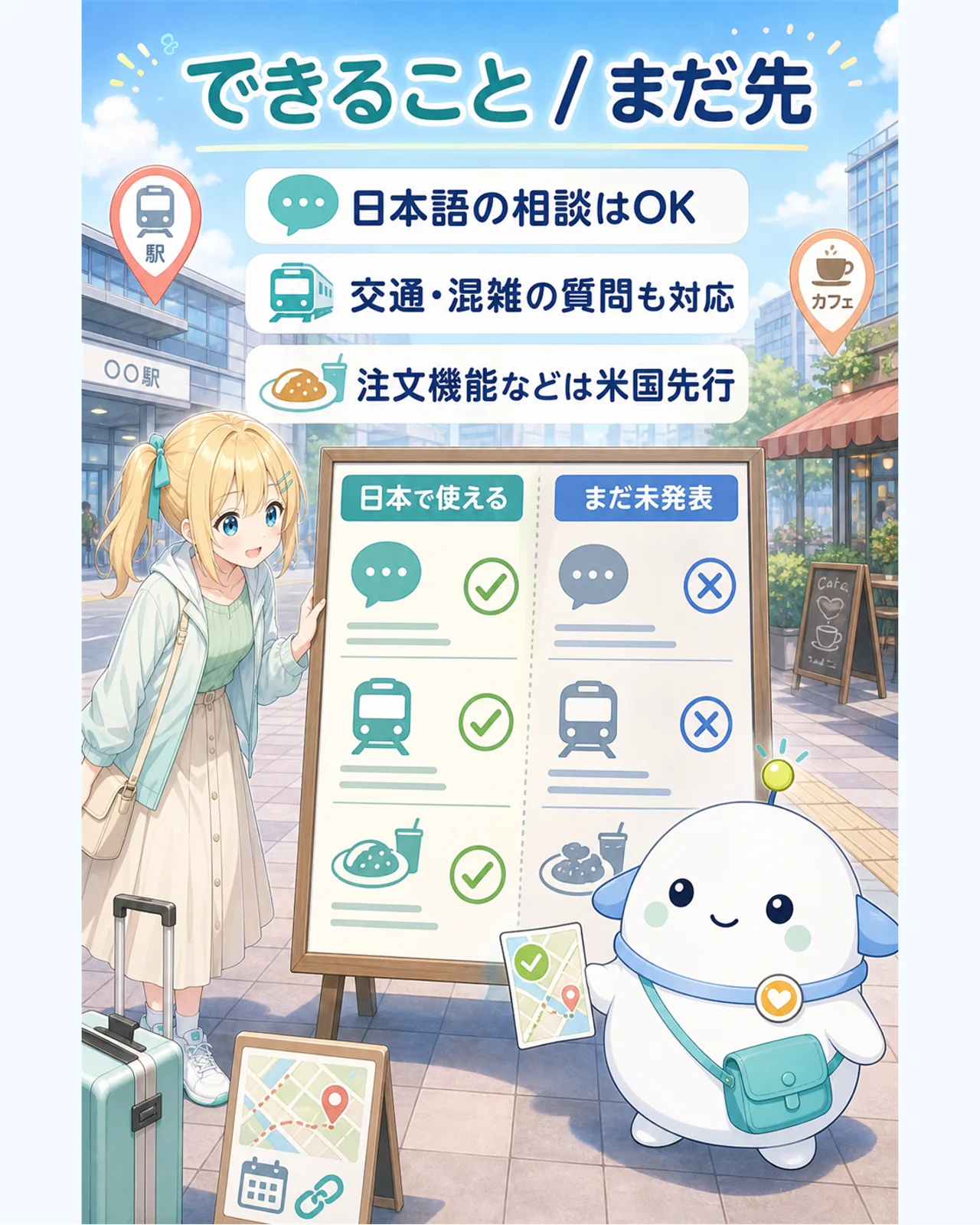 「できること / まだ先」の図解。日本語の相談はOK、交通・混雑の質問も対応、注文機能などは米国先行、の3点を左右で比較。らぼまるがチェックボードで『日本で使える』『まだ未発表』を仕分けし、ひまりが覗き込む構図