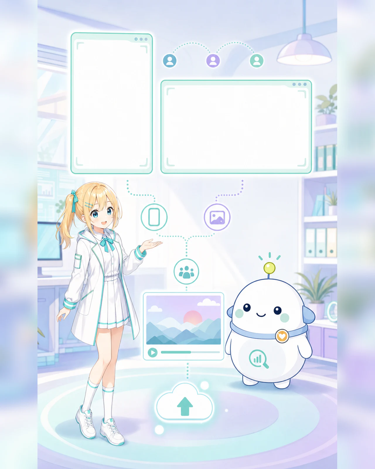 縦横の動画形式、共同編集、書き出しを確認するひまりとらぼまるのイラスト