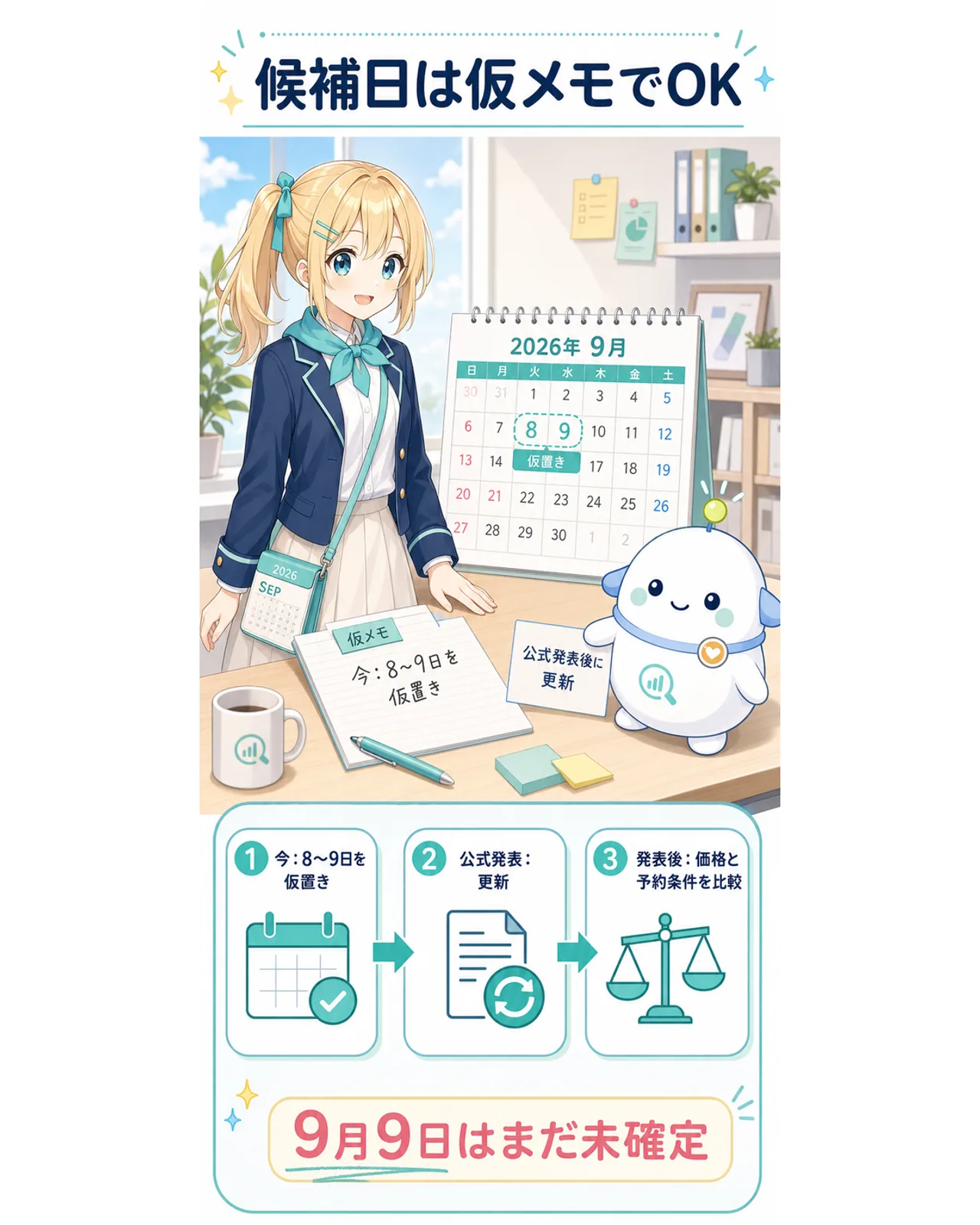候補日は仮メモでOK、の図解。今は8日から9日を仮置きし、公式発表で更新し、発表後に価格と予約条件を比較する。9月9日はまだ未確定、と整理