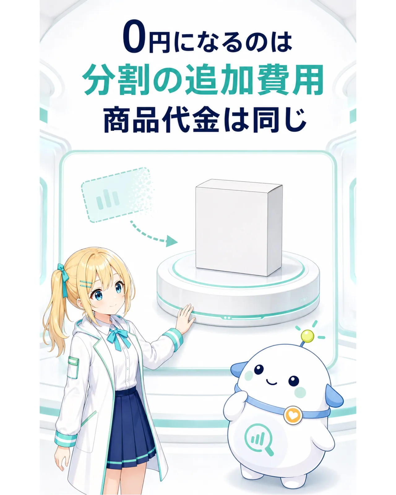 分割払い手数料は0円だが、商品代金は安くならないことを、値札と手数料の表示を見比べるひまりが確認する図解