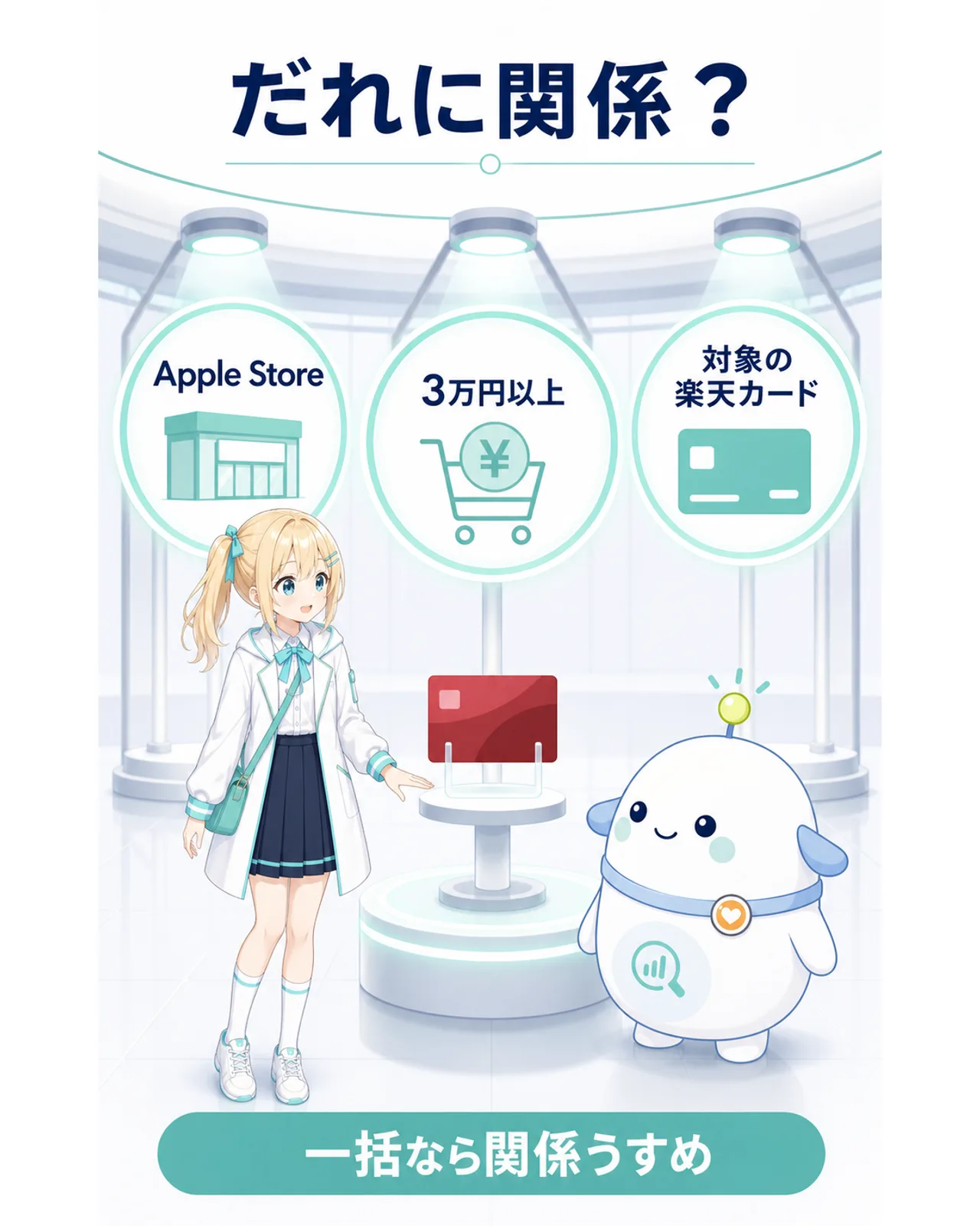 Apple Storeで3万円以上を買い、対象ブランドの楽天カードを使う人に関係する仕組みだと、ひまりが条件を見比べる図解