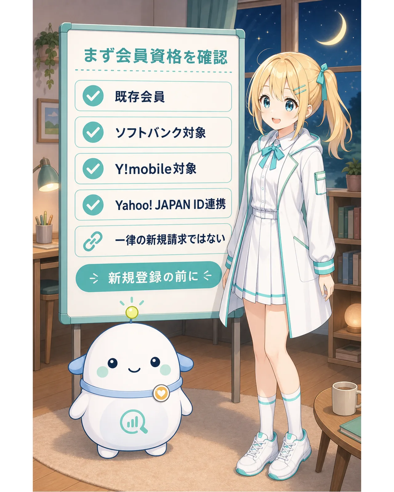まず会員資格を確認、の図解。既存会員、ソフトバンク対象、Y!mobile対象、Yahoo! JAPAN ID連携を確認し、一律の新規請求ではないと示す