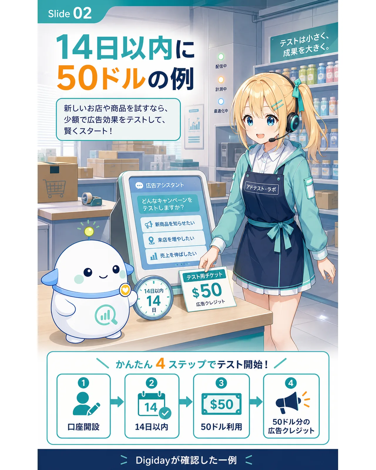 14日以内に50ドルの例を示す図解。口座開設、14日以内、50ドル利用、50ドル分の広告クレジットの順に整理