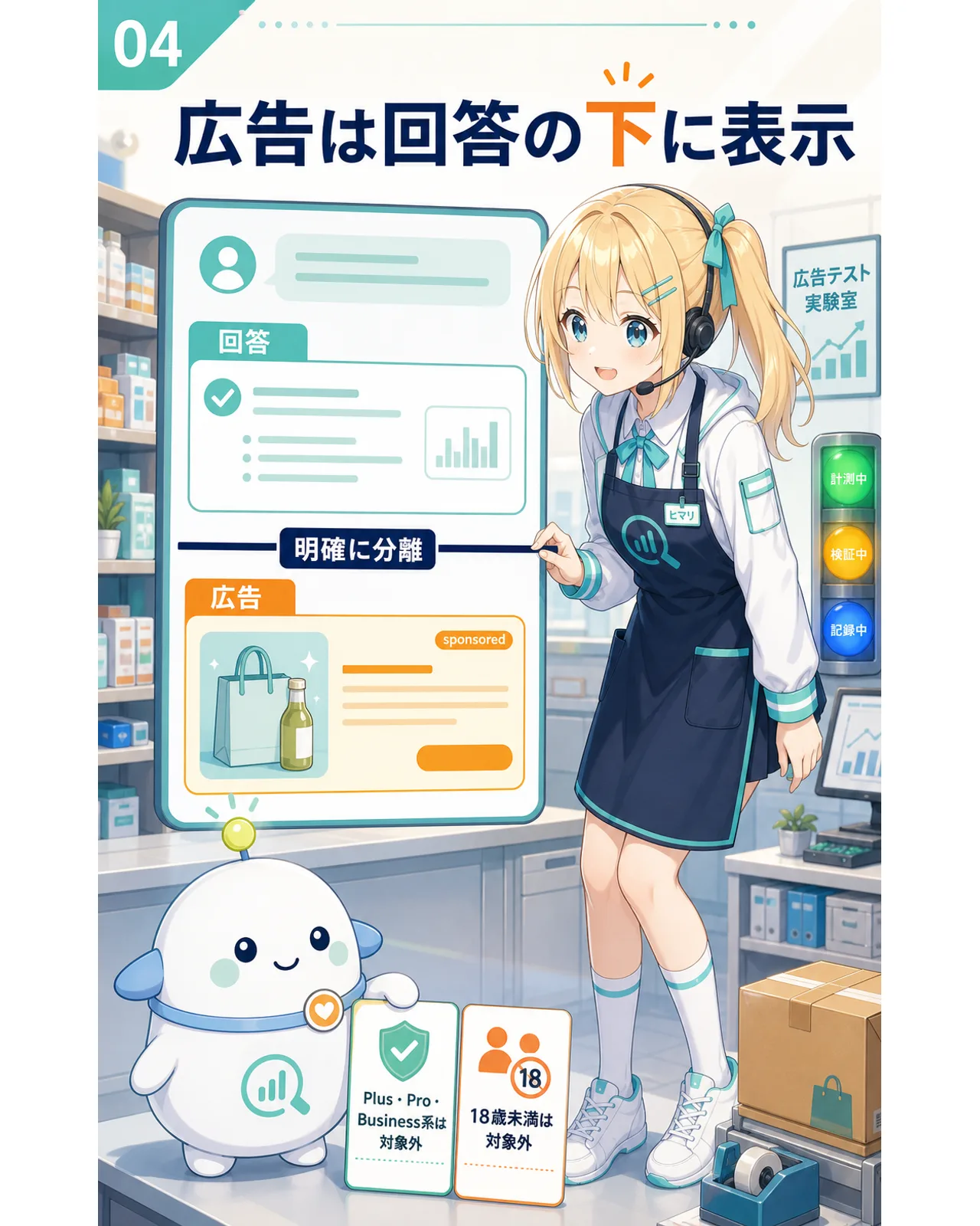 広告は回答の下に表示、の図解。回答と広告を明確に分離し、Plus・Pro・Business系と18歳未満は対象外と示す