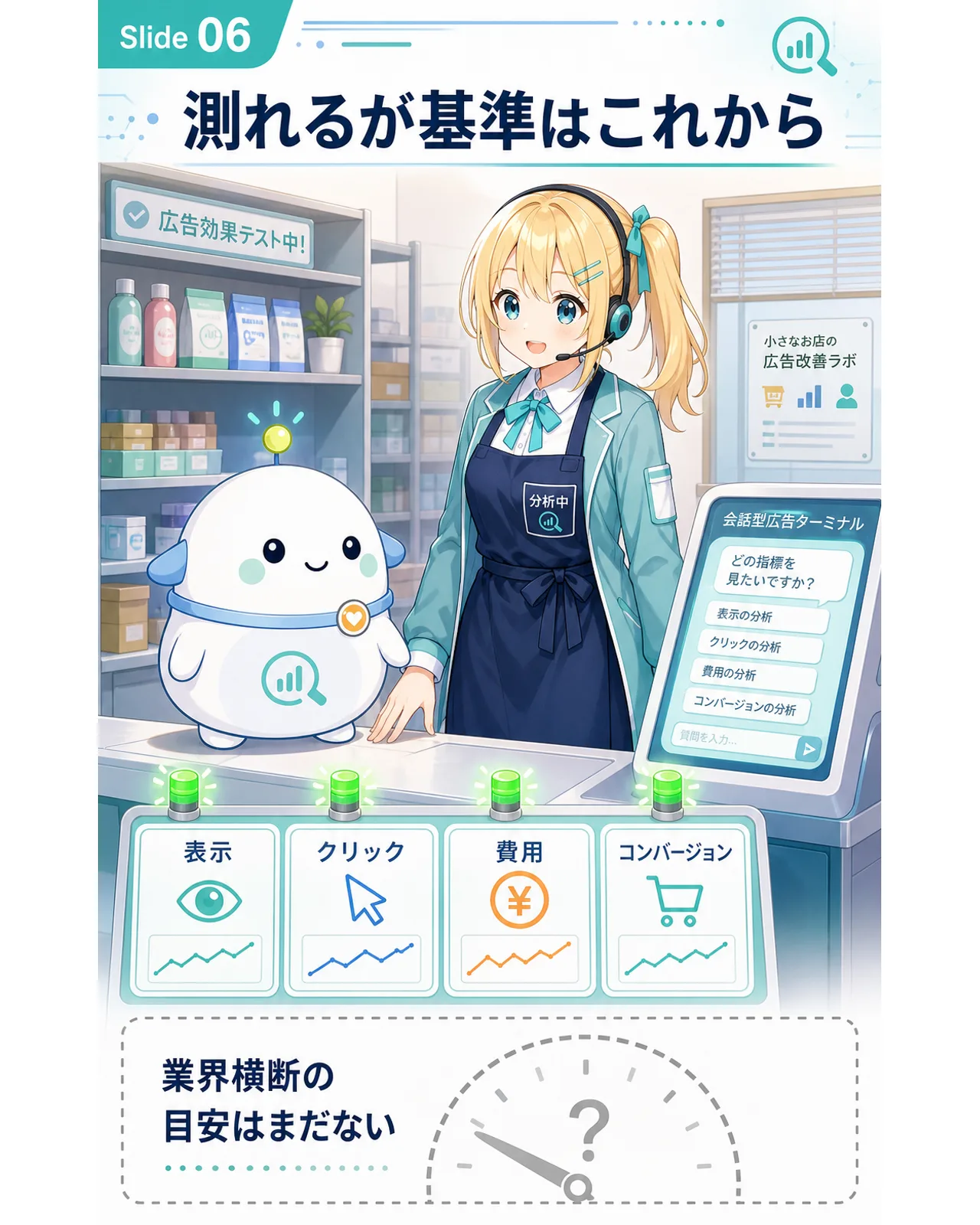 測れるが基準はこれから、の図解。表示、クリック、費用、コンバージョンを測れる一方、業界横断の目安はまだないと示す