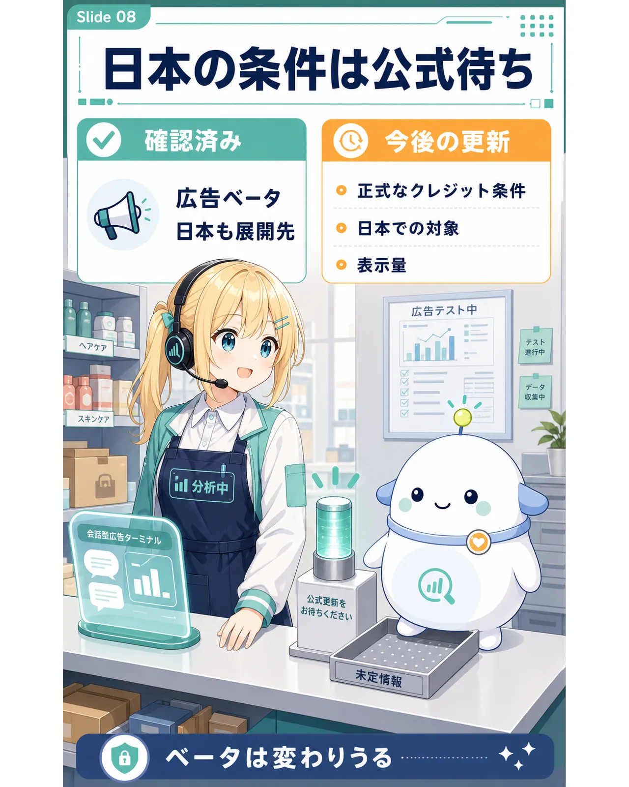 日本の条件は公式待ち、の図解。広告ベータと日本が展開先なのは確認済みで、正式なクレジット条件、日本での対象、表示量は今後の更新と示す