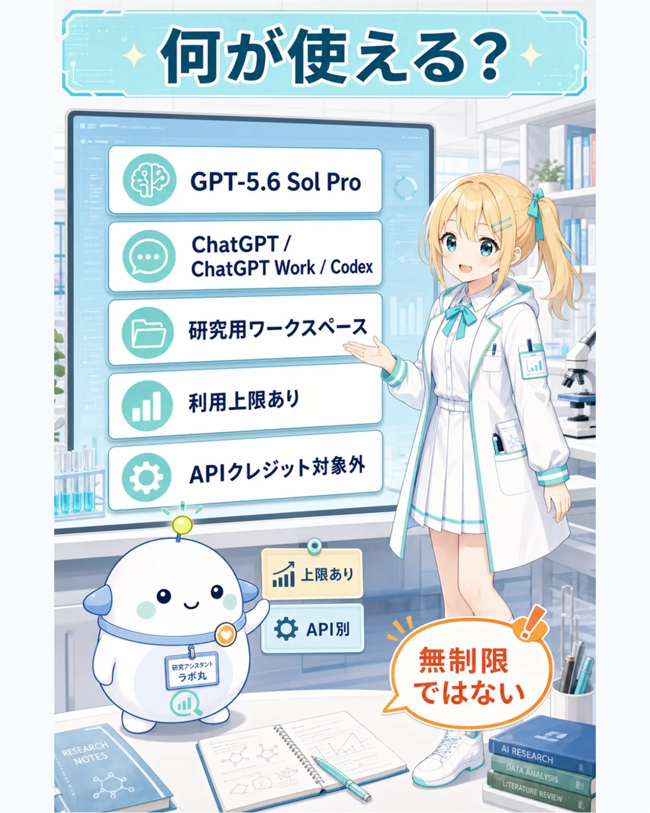 GPT-5.6 Sol Pro、ChatGPT、ChatGPT Work、Codex、研究用ワークスペースが使え、利用上限とAPI対象外の注意があることを示す図解