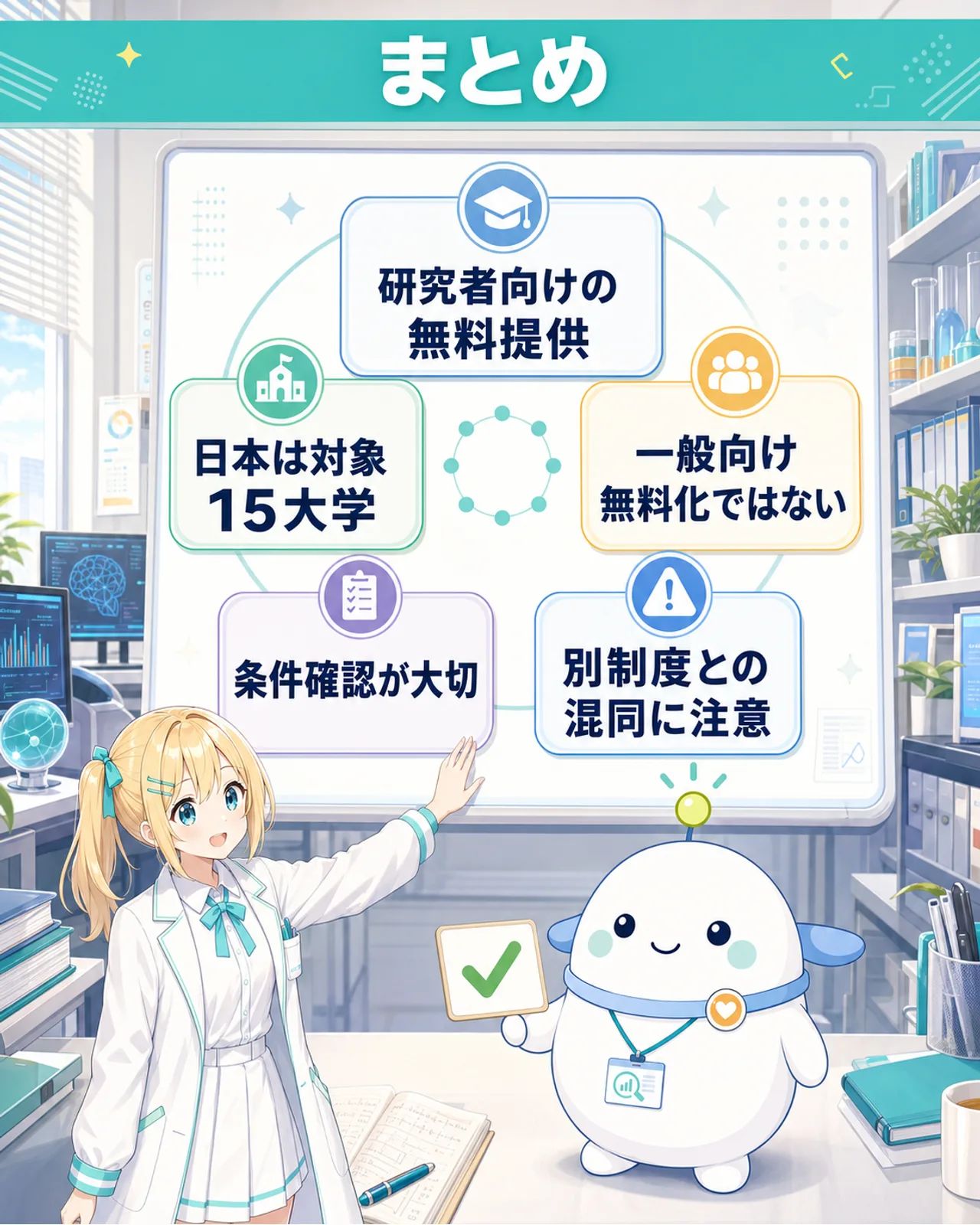 研究者向け無料提供、日本15大学、条件確認、別制度との混同注意という記事の結論を示す図解