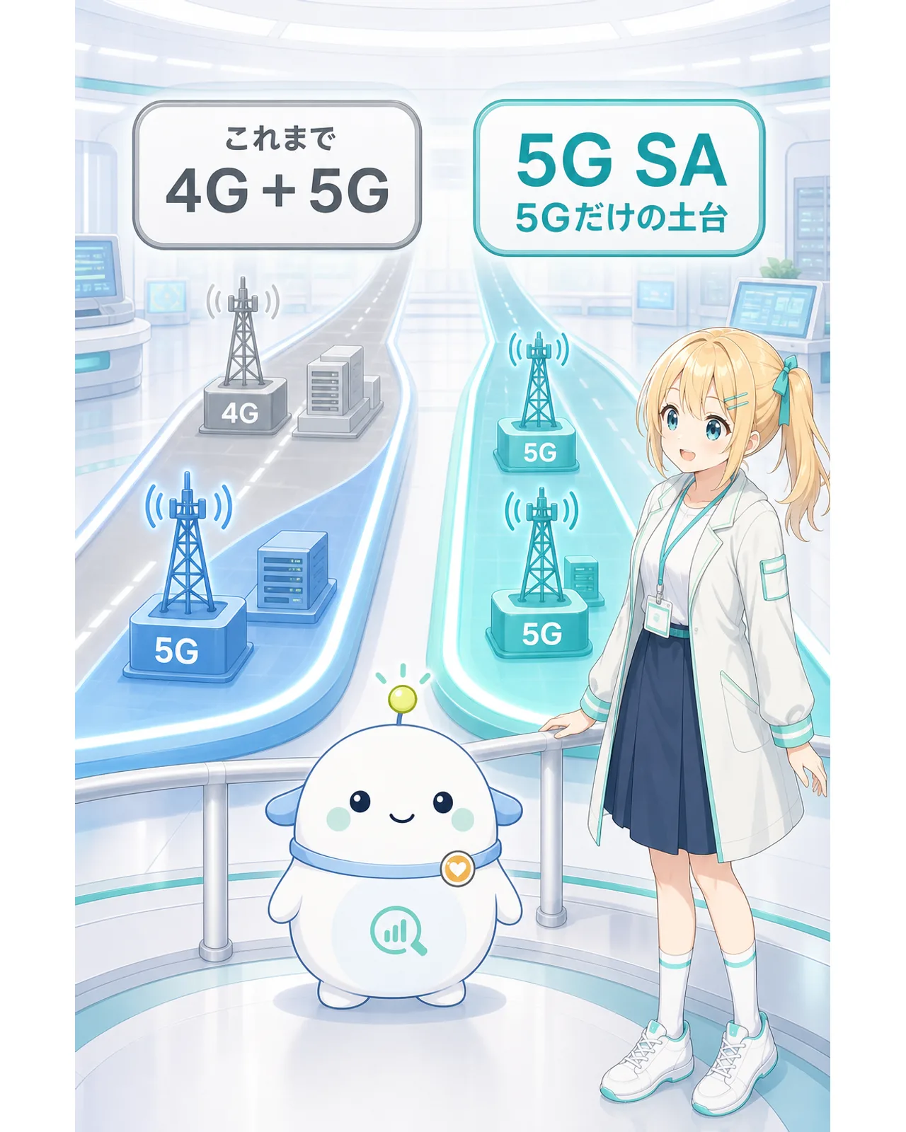 左に『これまで 4G+5G』、右に『5G SA 5Gだけの土台』と表示し、2本の通信レーンで違いを示す図解