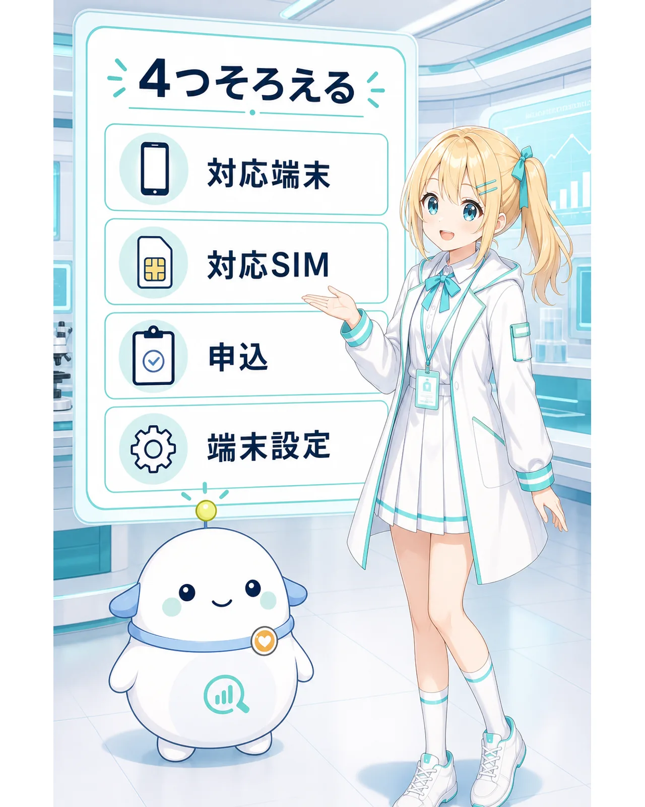 『4つそろえる』として、対応端末、対応SIM、申込、端末設定を4段のチェック項目で示す図解