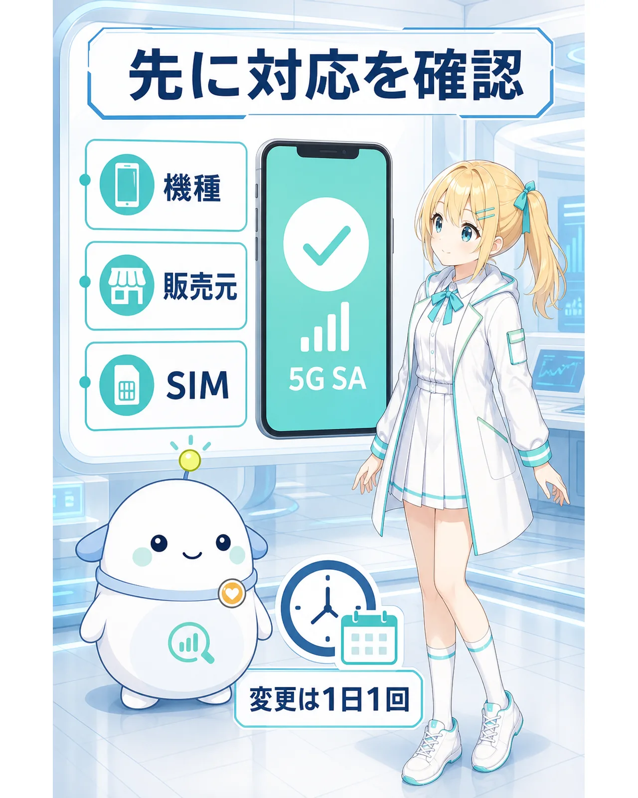 『先に対応を確認』として、機種、販売元、SIMの3項目と『変更は1日1回』を示す図解