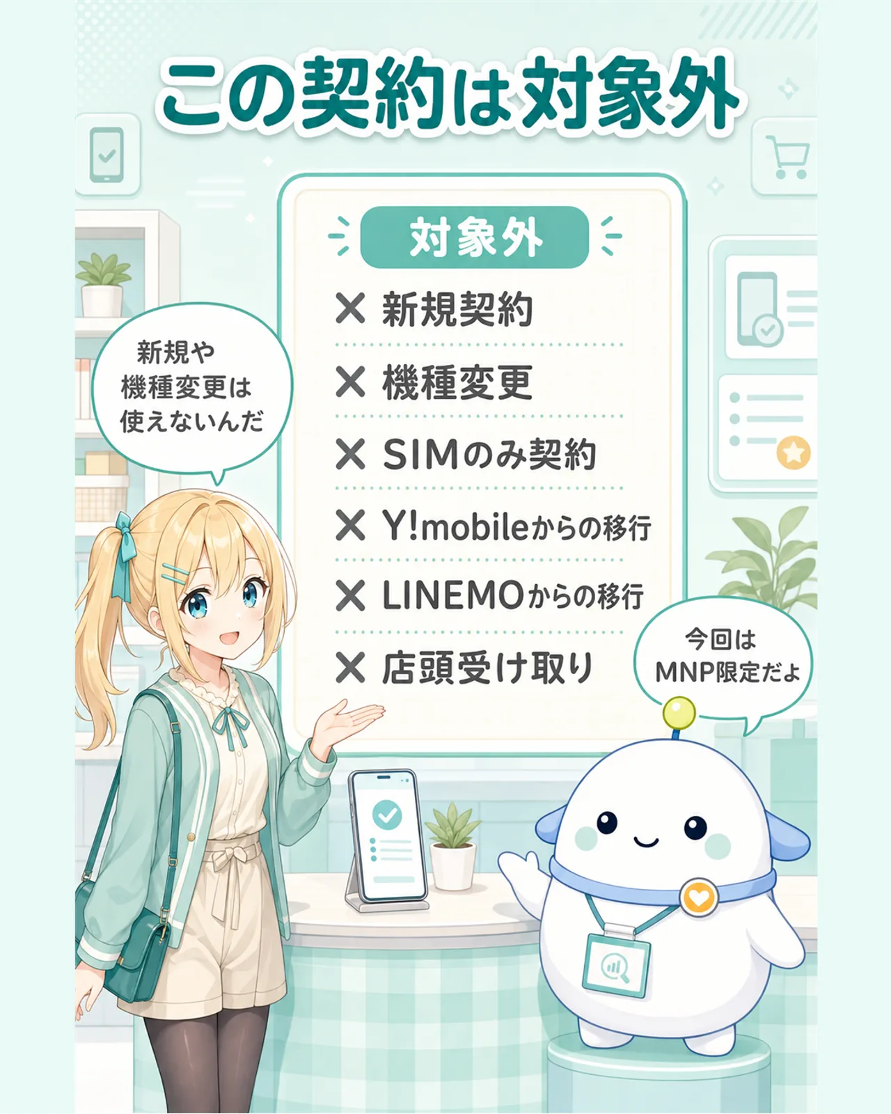 「この契約は対象外」の図解。新規契約、機種変更、SIMのみ契約、ワイモバイルからの移行、LINEMOからの移行、店頭受け取りを対象外として落ち着いたグレーの×印で分類。ひまりが自分の契約方法を確認し、らぼまるが対象外ボードを整理する構図