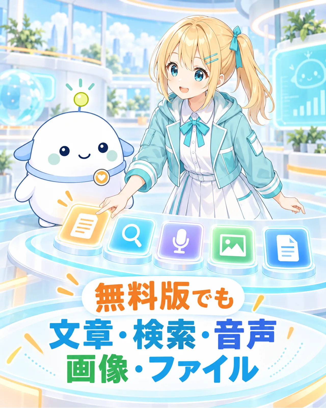 ChatGPT無料版で文章、検索、音声、画像、ファイルを試せることを示す図