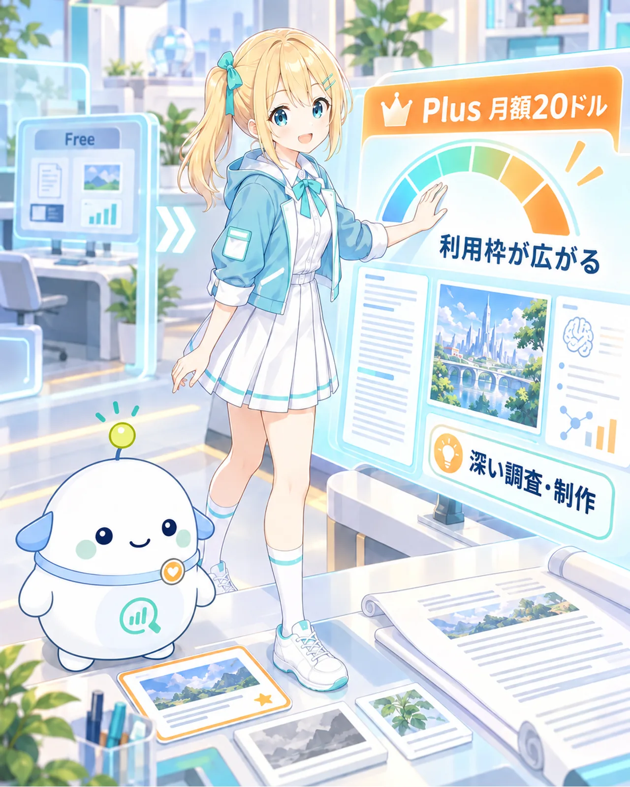 FreeとPlusを利用枠、高度な推論、画像、調査、メモリで比較する図