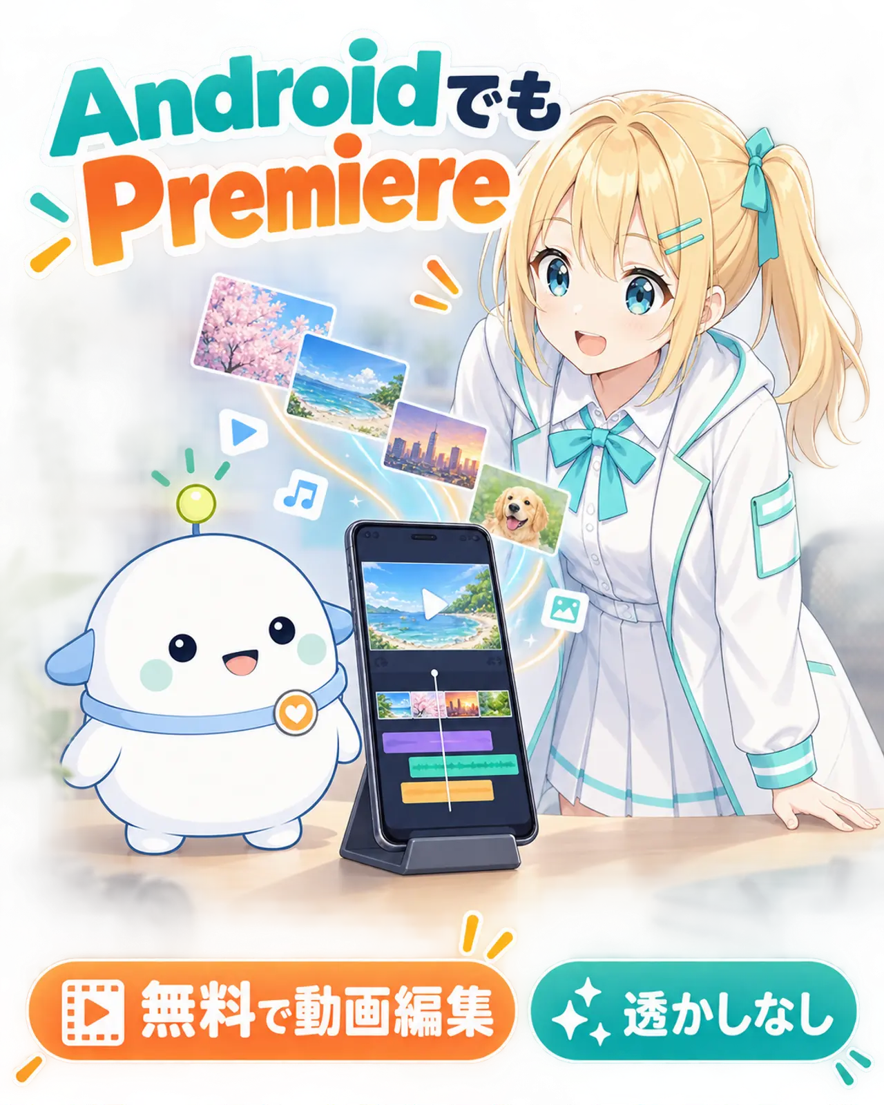 AndroidでもPremiereモバイル版を使え、無料で動画編集して透かしなしで書き出せることを示す図解