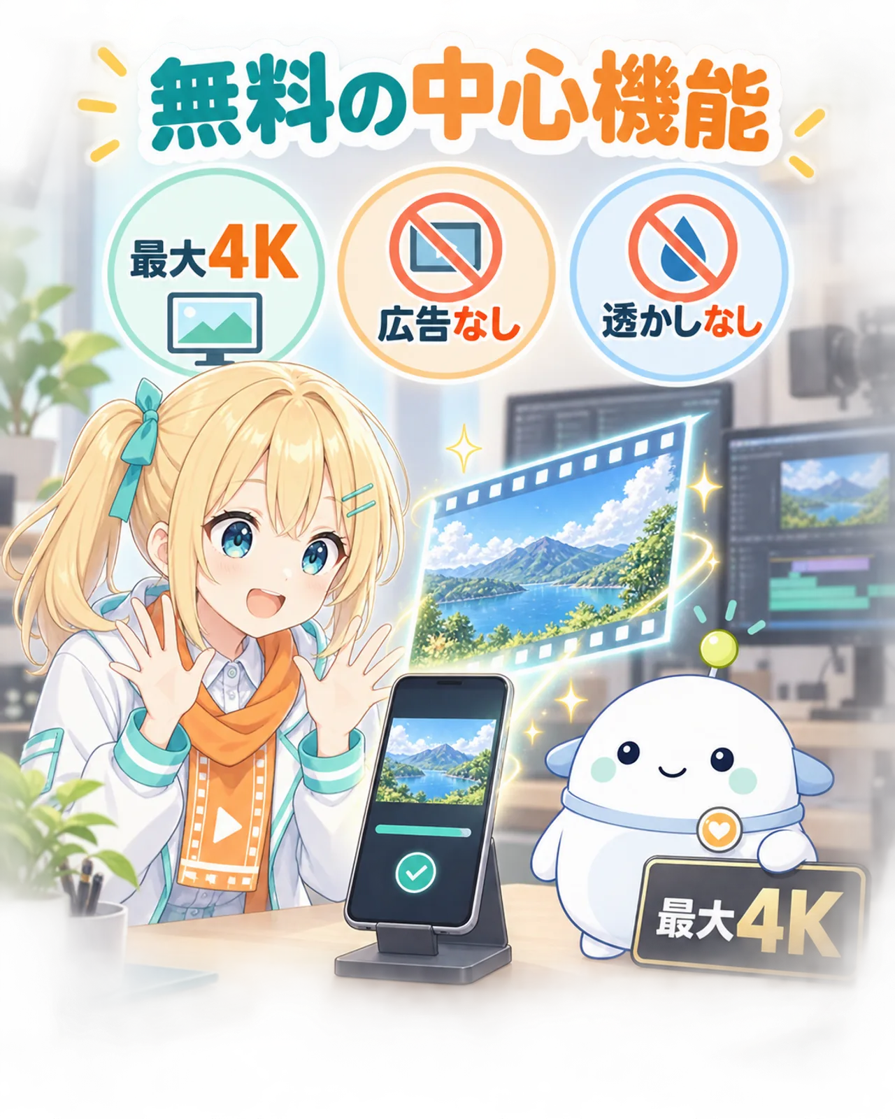 無料の中心機能として最大4K、広告なし、透かしなしを示す図解